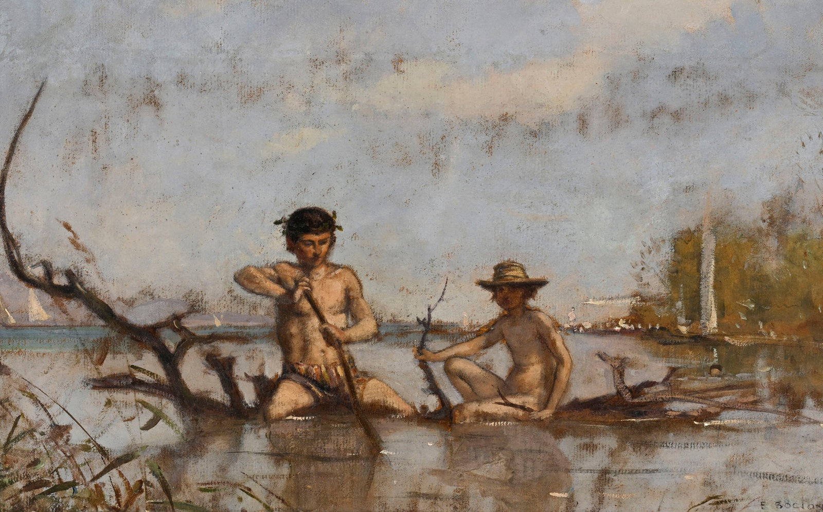 François Bocion (1828-1890), "Baigneurs de Bellerive", 1872, huile sur papier marouflée su: François Bocion (1828-1890), "Baigneurs de Bellerive", 1872, huile sur papier marouflée sur carton, cachet de la signature, 28x45,5 cm Certificat de M. Reymondin, 02.10.2023. L'œuvre