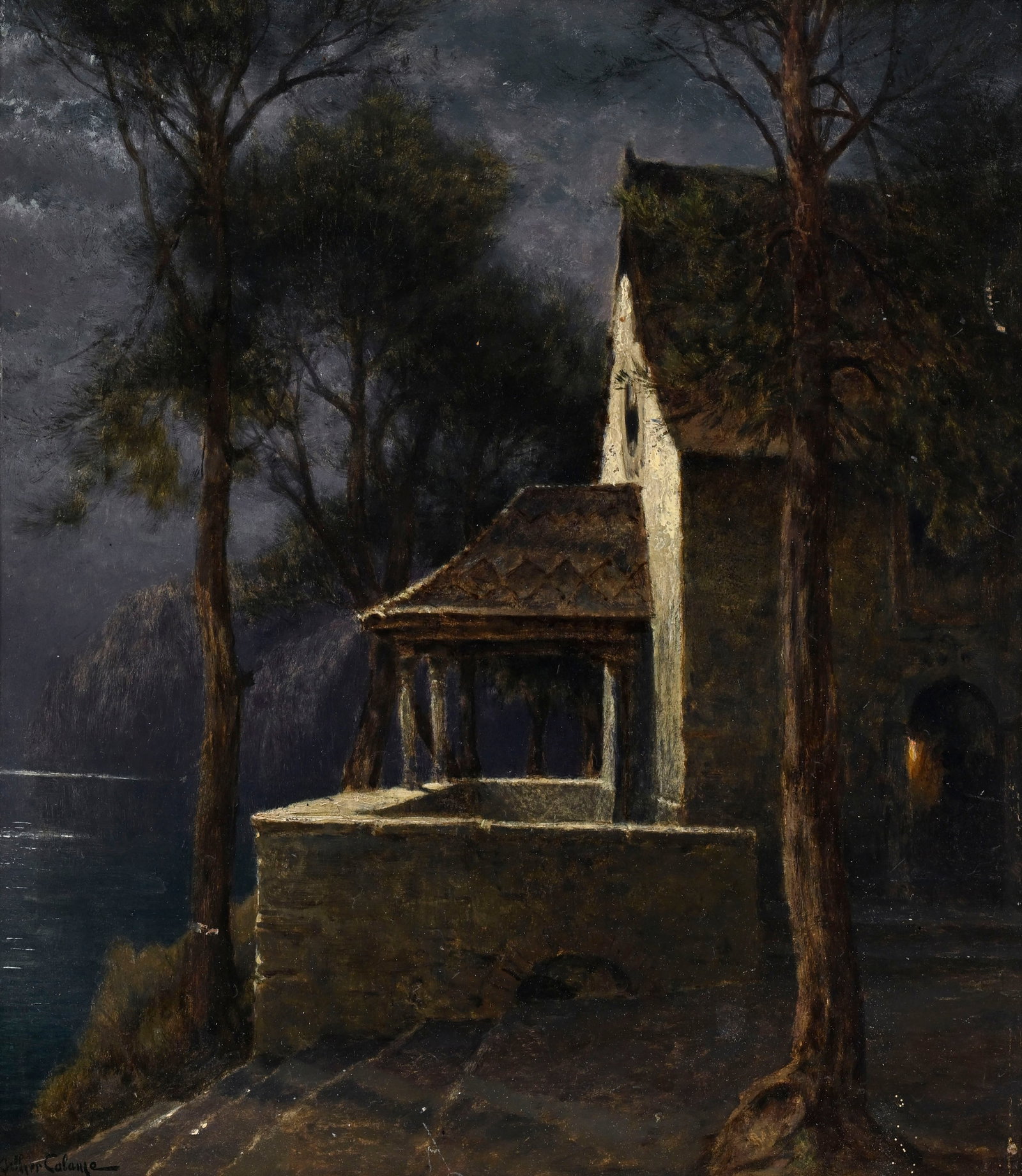 Arthur Calame (1843-1919), "Chapelle de Kindesmörthe, lac de Lucerne", huile sur panneau, sign&: Arthur Calame (1843-1919), "Chapelle de Kindesmörthe, lac de Lucerne", huile sur panneau, signée, 36x30 cm Au verso: Étiquette manuscrite ancienne