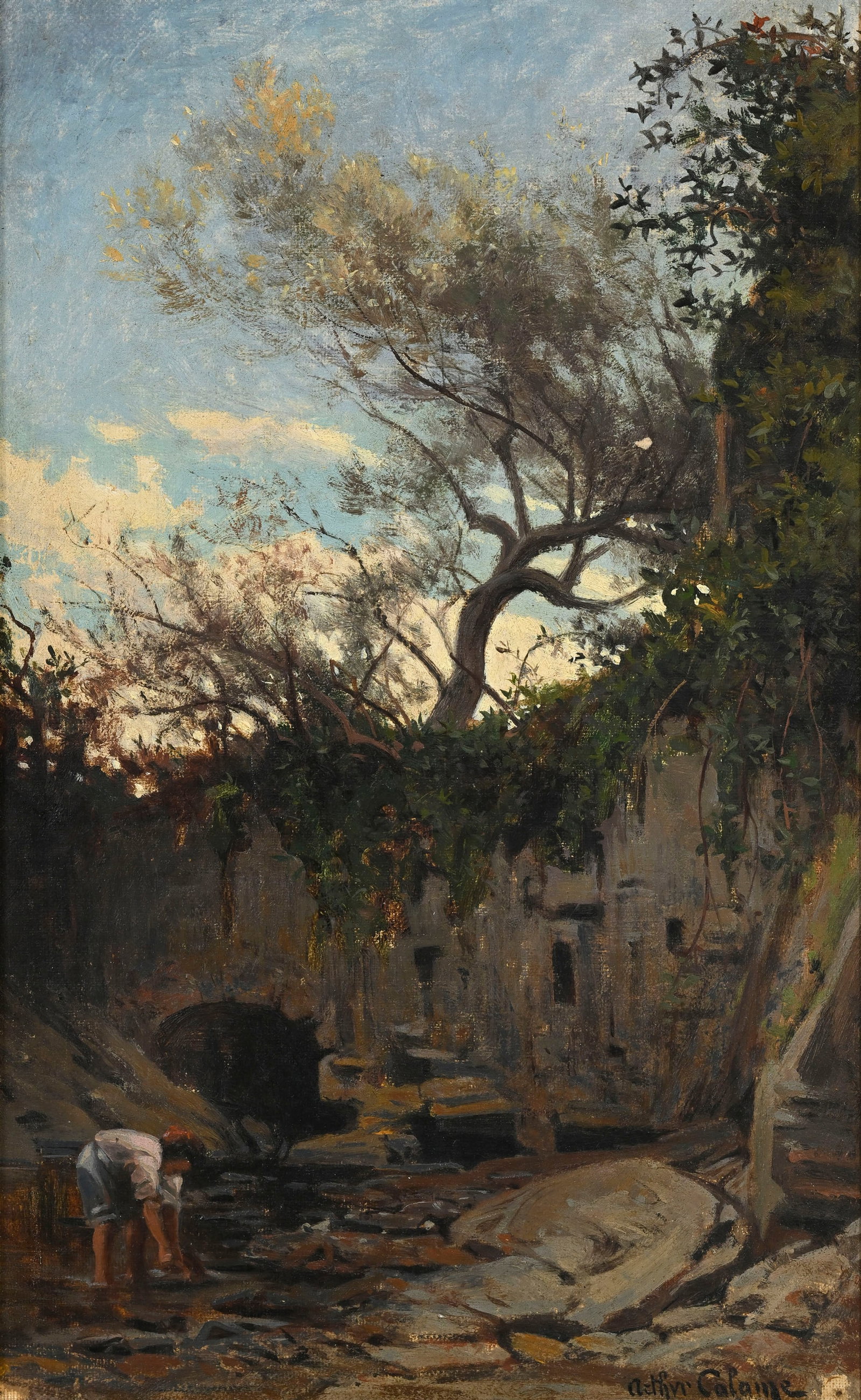 Arthur Calame (1843-1919), Rivière animée, huile sur panneau, signée, 31,5x19,5 cm: Arthur Calame (1843-1919), Rivière animée, huile sur panneau, signée, 31,5x19,5 cm