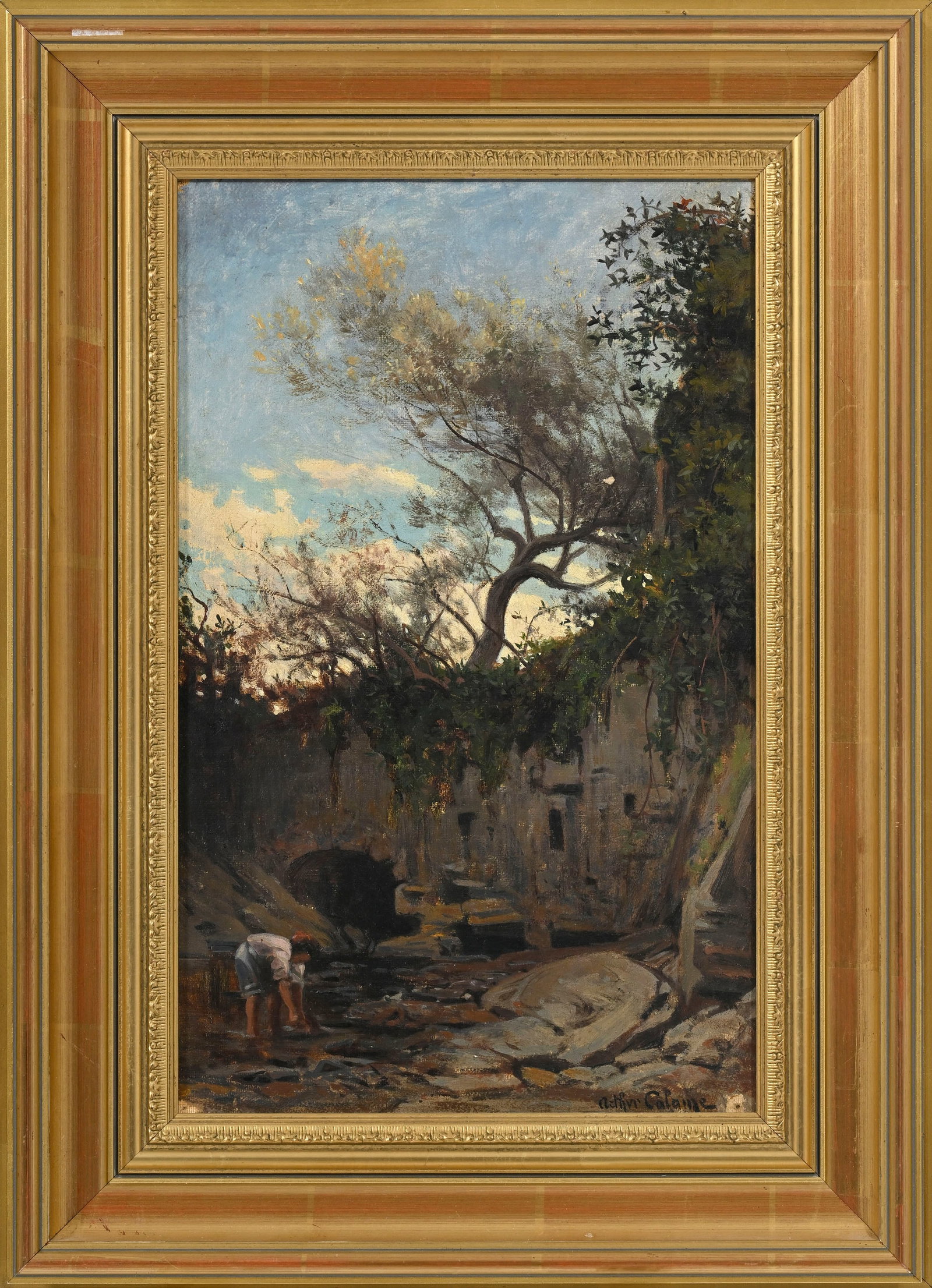 Arthur Calame (1843-1919), Rivière animée, huile sur panneau, signée, 31,5x19,5 cm - 2