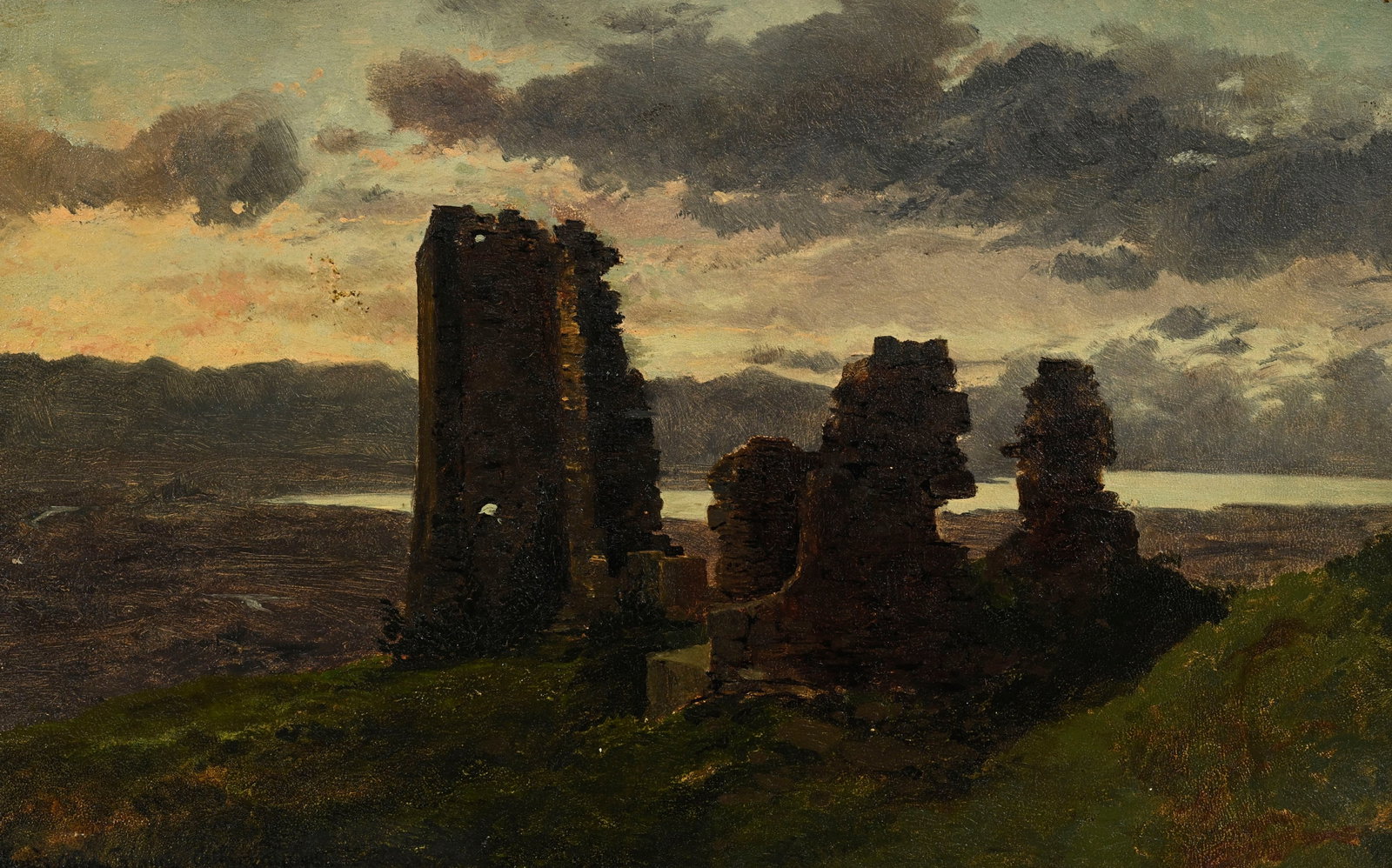 Arthur Calame (1843-1919), copie d'après Alexandre Calame, Ruines au crépuscule, huile sur (1 of 5)