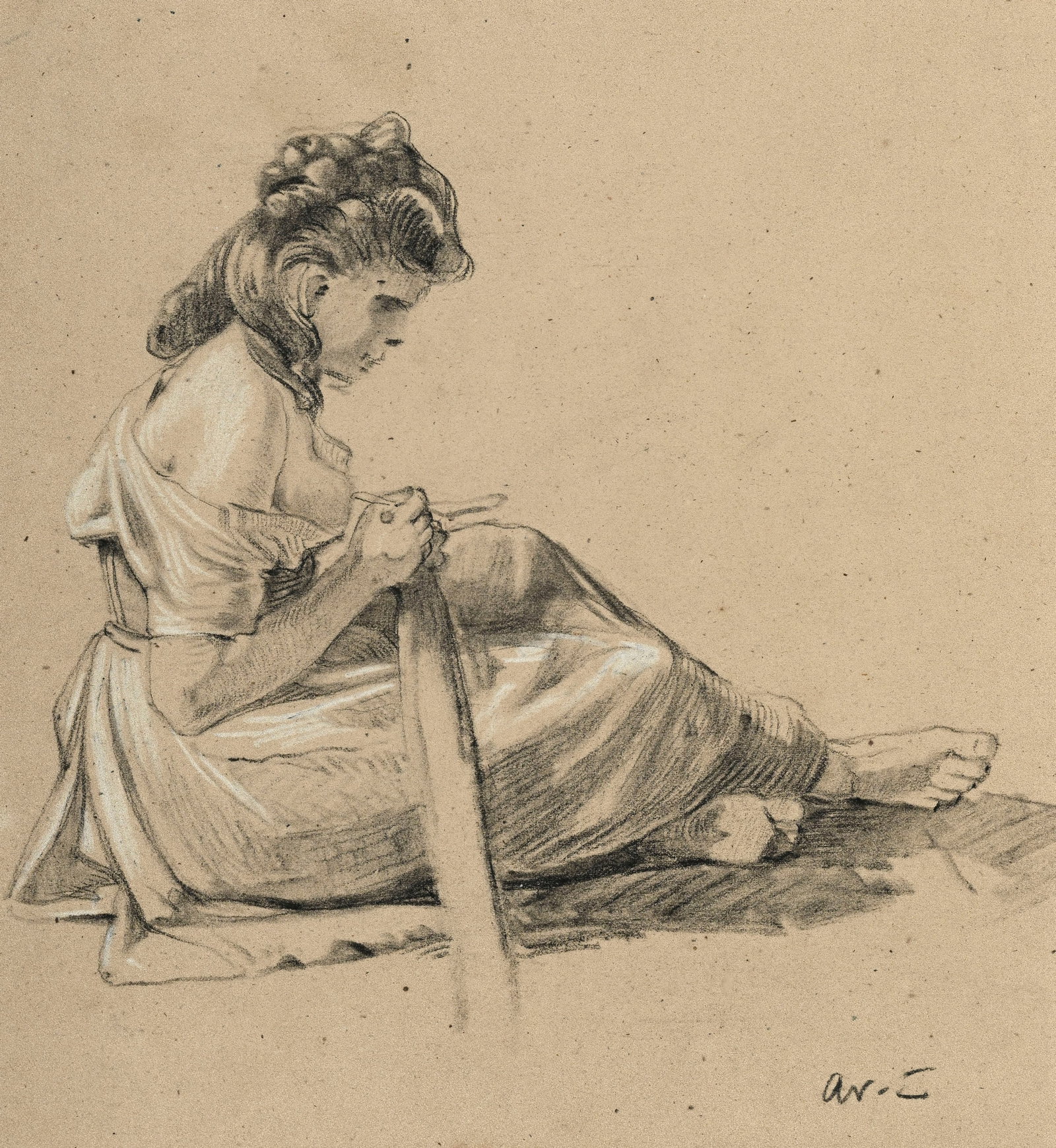 Arthur Calame (1843-1919), Femmes, ensemble de 5 œuvres sur papier (pierre noire, crayon de gra - 3