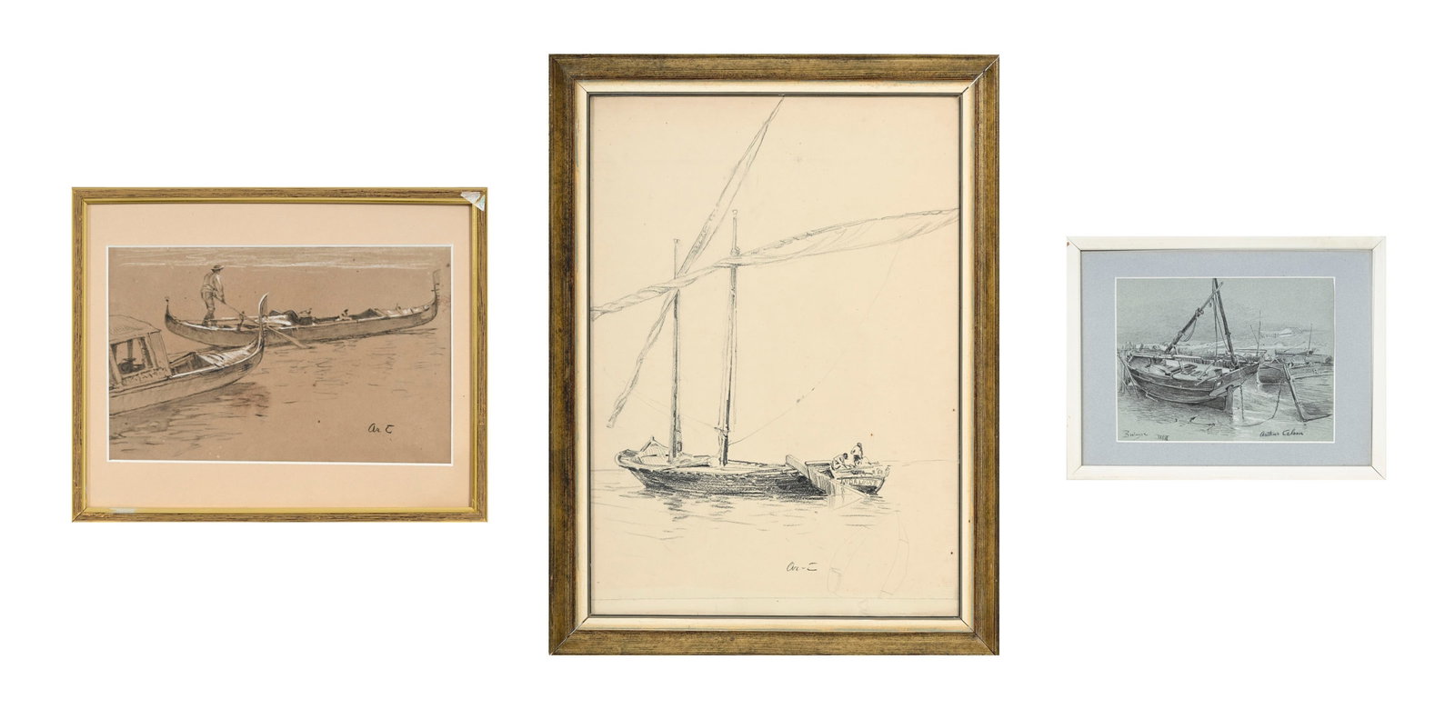 Arthur Calame (1843-1919), Voilier, Bateau et Gondoles, ensemble de 3 pierres noire sur papier, dont (1 of 17)