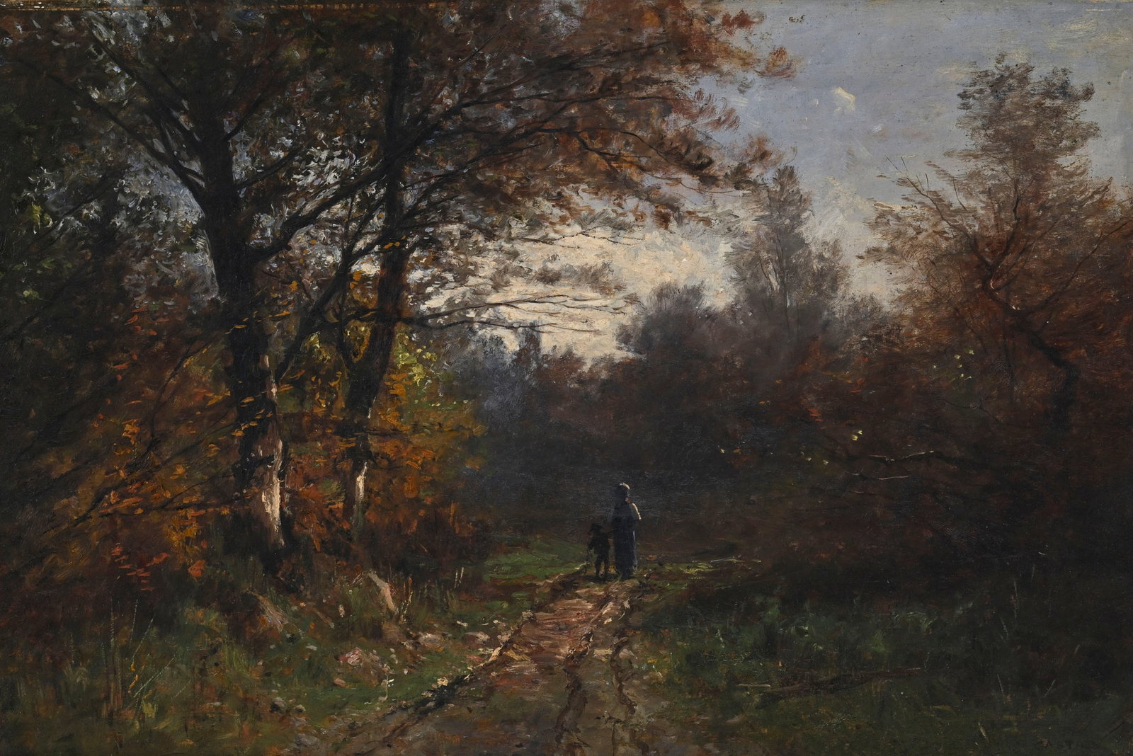Gustave Eugène Castan (1823-1877), Femme et enfant dans la forêt, huile sur panneau, sign& (1 of 5)