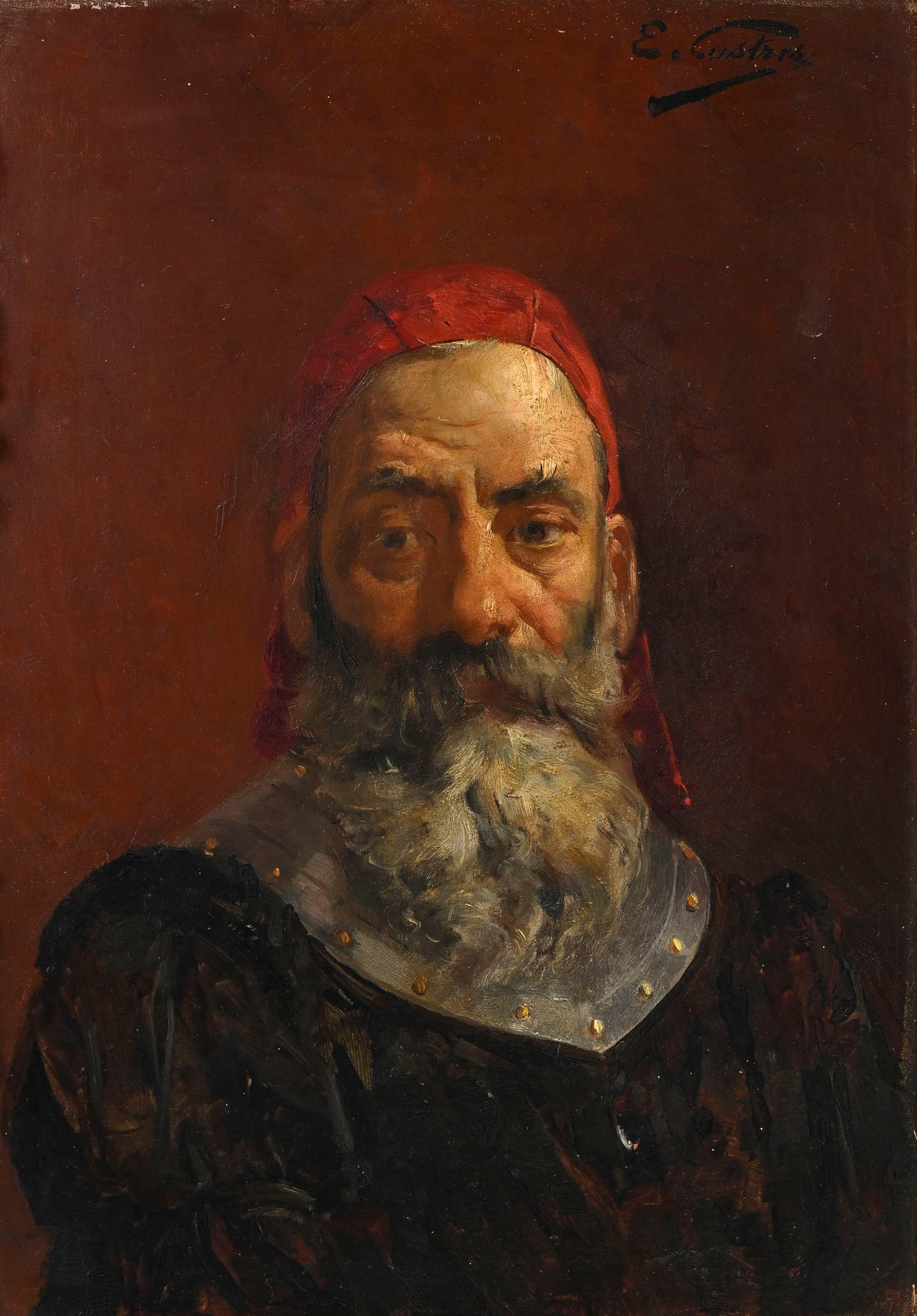 Édouard Castres (1838-1902), Portrait d'un soldat, huile sur panneau, signée, 27x19 cm (&#: Édouard Castres (1838-1902), Portrait d'un soldat, huile sur panneau, signée, 27x19 cm (à vue)