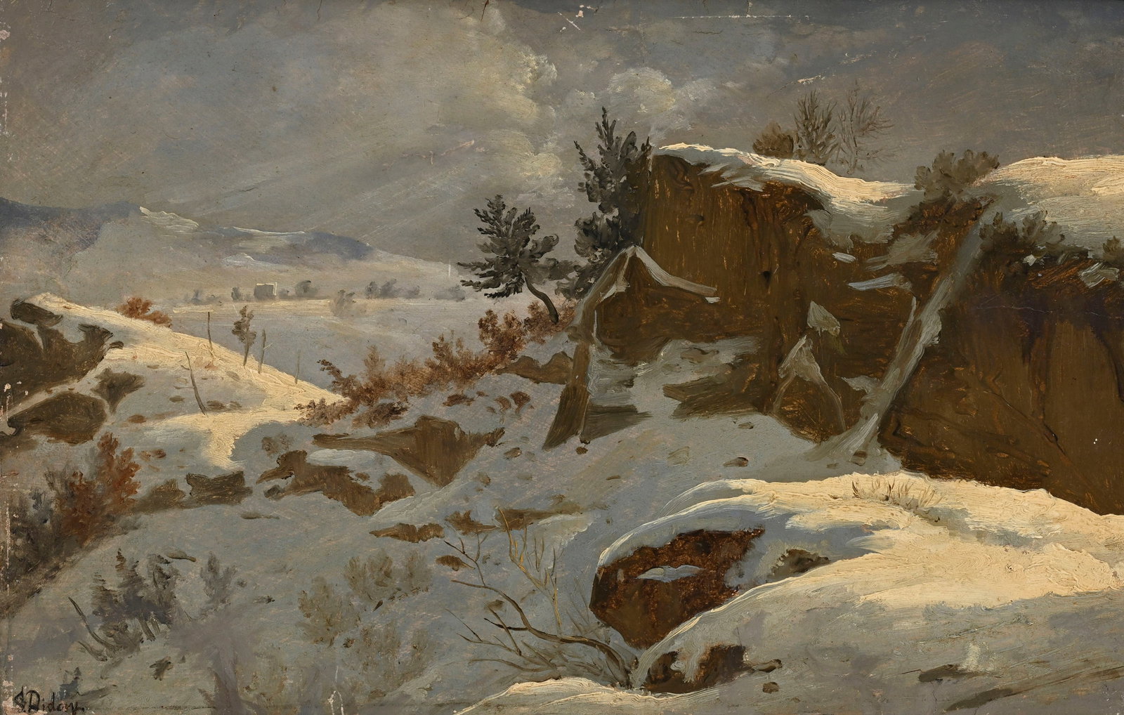 François Diday (1802-1877), "Un effet d'hiver à Mornex"_,_ huile sur papier monté sur: François Diday (1802-1877), "Un effet d'hiver à Mornex", huile sur papier monté sur panneau, signée, 27x42 cm Au verso: étiquette manuscrite ancienne Condition