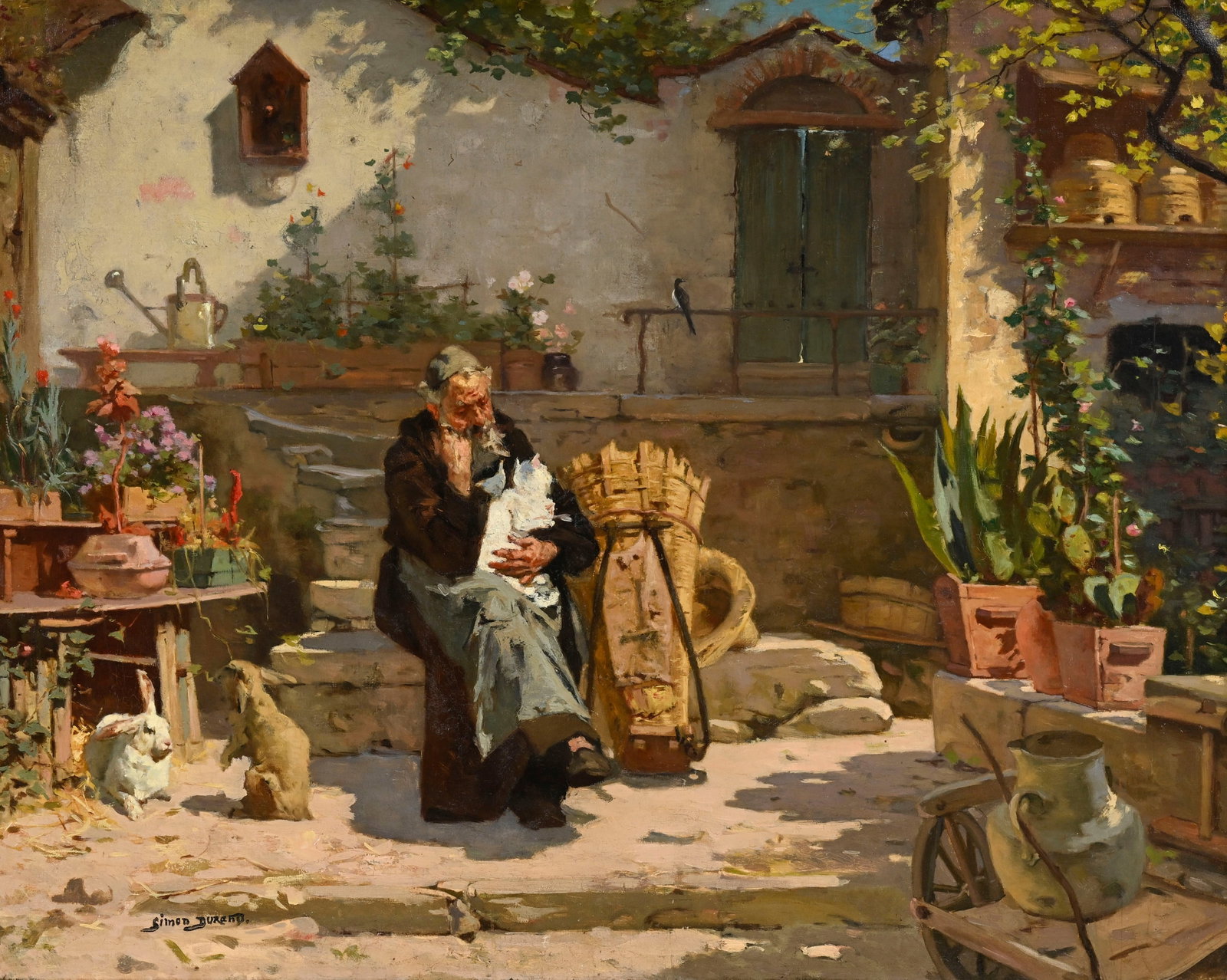 Simon Durand (1838-1896), Moine Capucin dans son jardin, huile sur toile, signée, 95x119 cm Pr: Simon Durand (1838-1896), Moine Capucin dans son jardin, huile sur toile, signée, 95x119 cm Provenance: Dobiaschofsky, Berne, 12.05.1984, lot 210 Au verso: étiquette de la Kunsthalle, Berne,