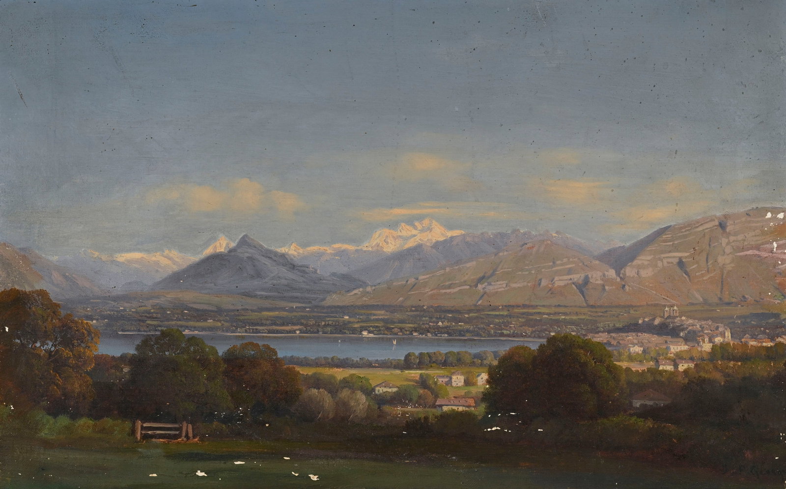 Jean-Philippe George-Julliard (1818-1888), Le lac Léman et Genève, huile sur toile, sign&#: Jean-Philippe George-Julliard (1818-1888), Le lac Léman et Genève, huile sur toile, signée, 30,5x47,5 cm Condition Manques épars (voir photos)