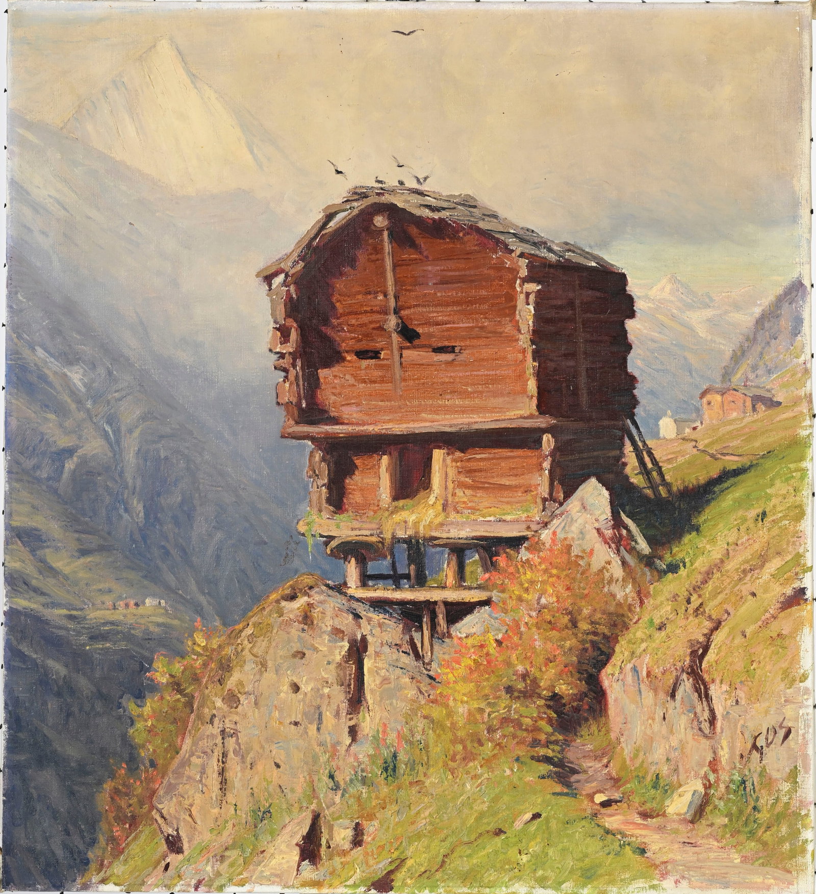 Albert Gos (1852-1942), Raccard dans la montagne, huile sur toile, signée, 75x68 cm Proven: Albert Gos (1852-1942), Raccard dans la montagne, huile sur toile, signée, 75x68 cm Provenance: Hôtel des Ventes, Genève, le 14.03.2011, lot 1308 Condition Léger enfoncement dans