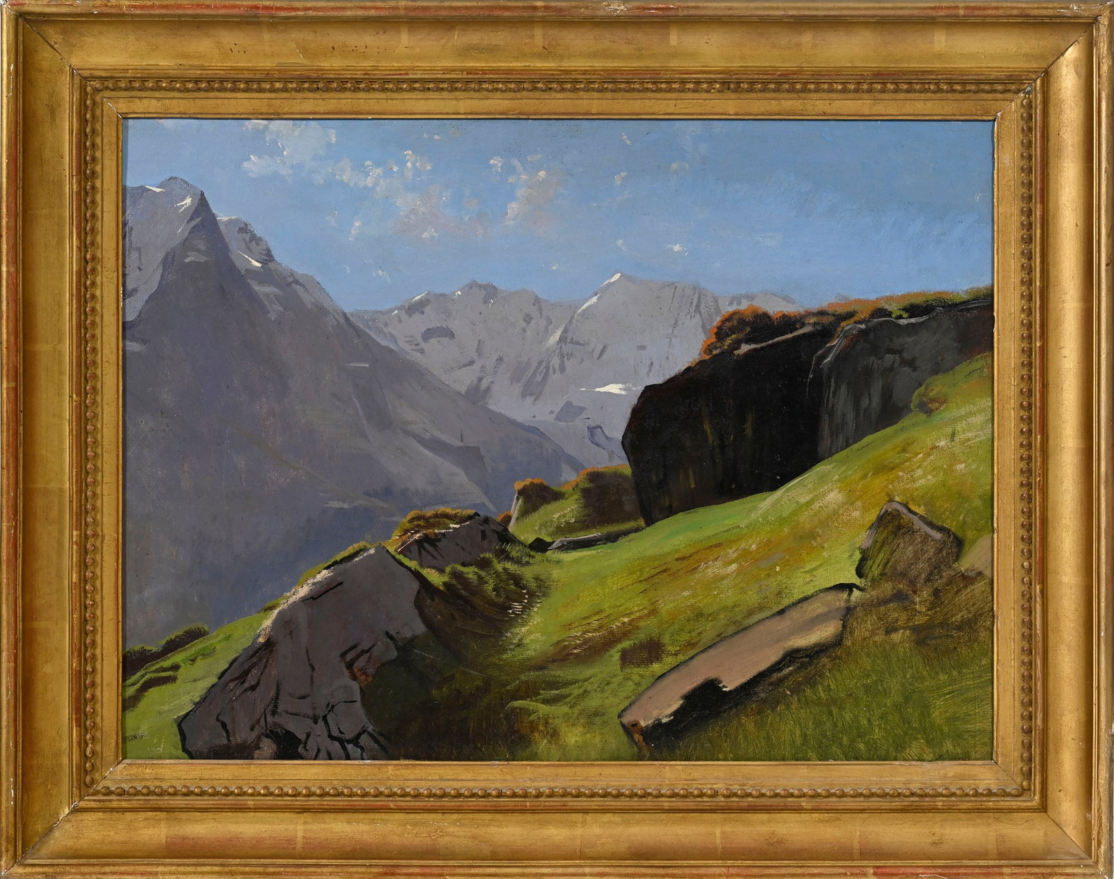 Albert Lugardon (1827-1909), "La Jungfrau vue de Murren", huile sur papier, signée, 37x50,5 cm  - 2
