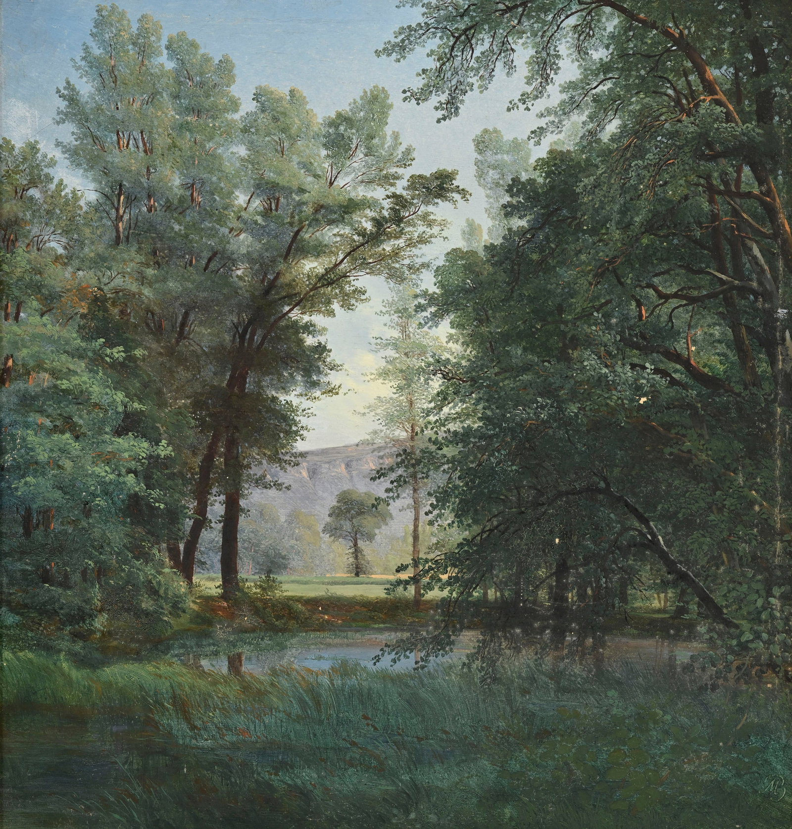 Jean-Baptiste Muntzberger (1794-1878), Paysage de rivière arboré, huile sur carton, monogr: Jean-Baptiste Muntzberger (1794-1878), Paysage de rivière arboré, huile sur carton, monogrammée, 36x34 cm (à vue)