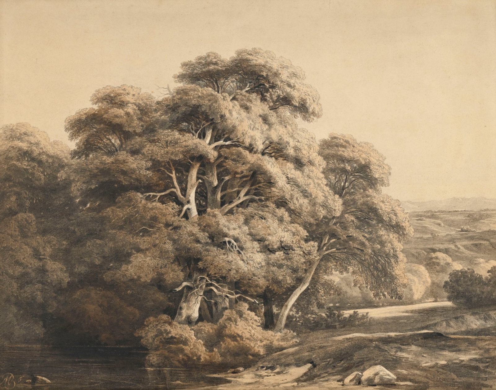 Jean-Baptiste Muntzberger (1794-1878), Bord de rivière arboré, encre et lavis sur papier,  (1 of 5)