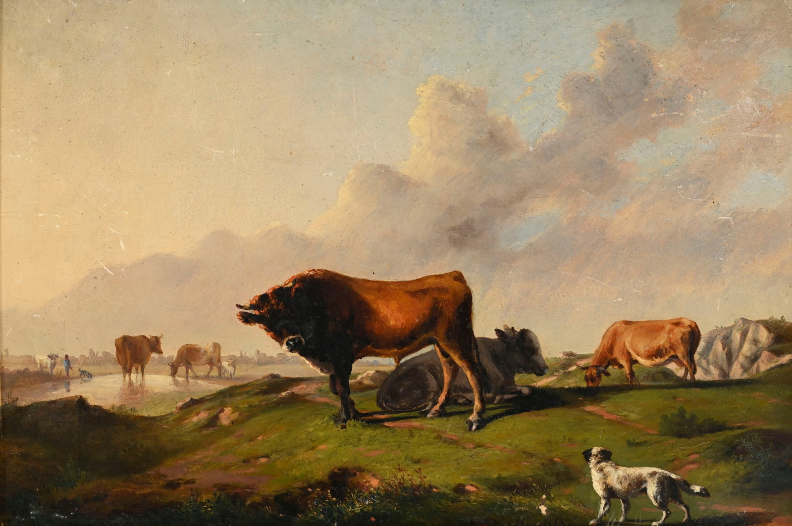 Jean-Baptiste Muntzberger (1794-1878), Paysage pastoral aux vaches et au chien, huile sur carton, si: Jean-Baptiste Muntzberger (1794-1878), Paysage pastoral aux vaches et au chien, huile sur carton, signée, 31,5x47 cm Condition Griffures Petite lacunes dans la partie inférieure au-dessus