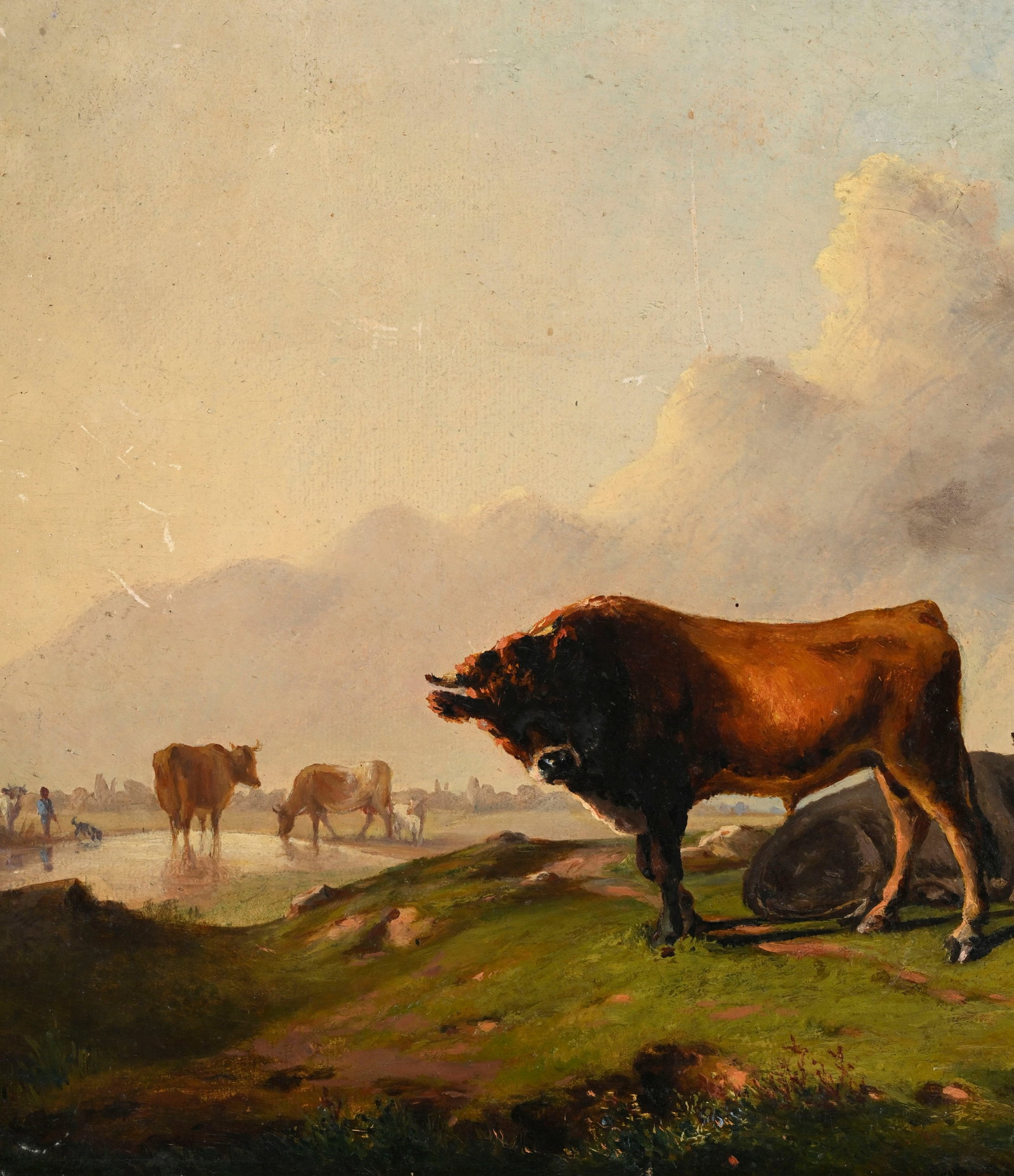 Jean-Baptiste Muntzberger (1794-1878), Paysage pastoral aux vaches et au chien, huile sur carton, si - 3