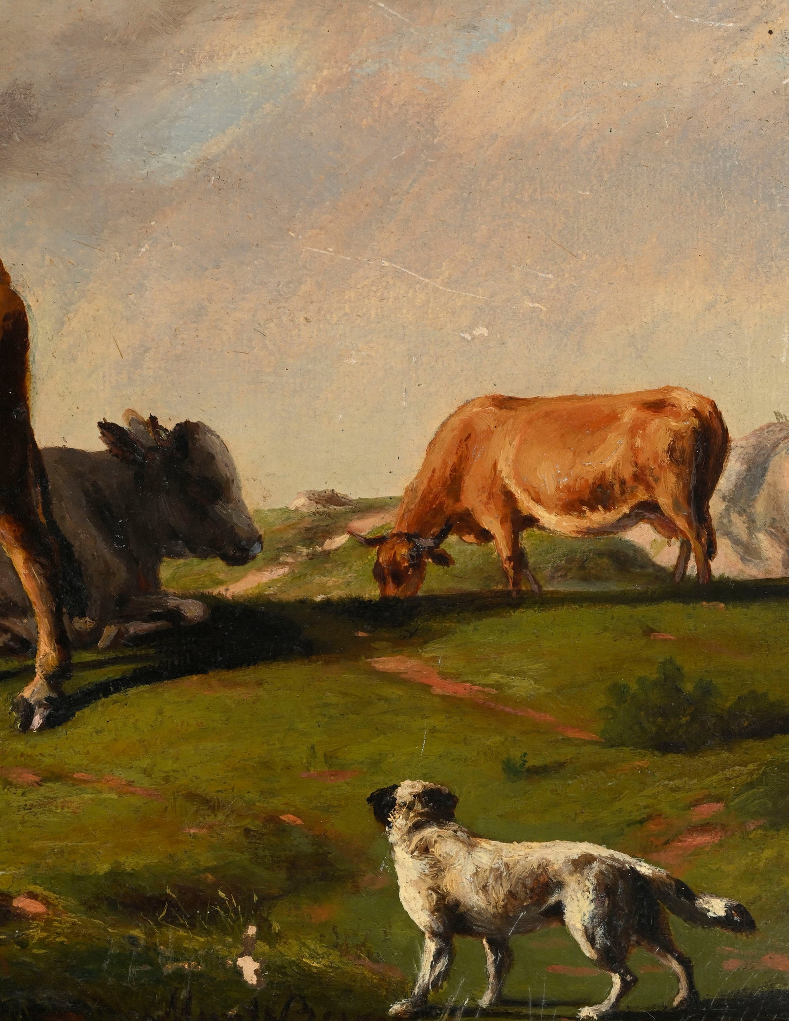 Jean-Baptiste Muntzberger (1794-1878), Paysage pastoral aux vaches et au chien, huile sur carton, si - 4