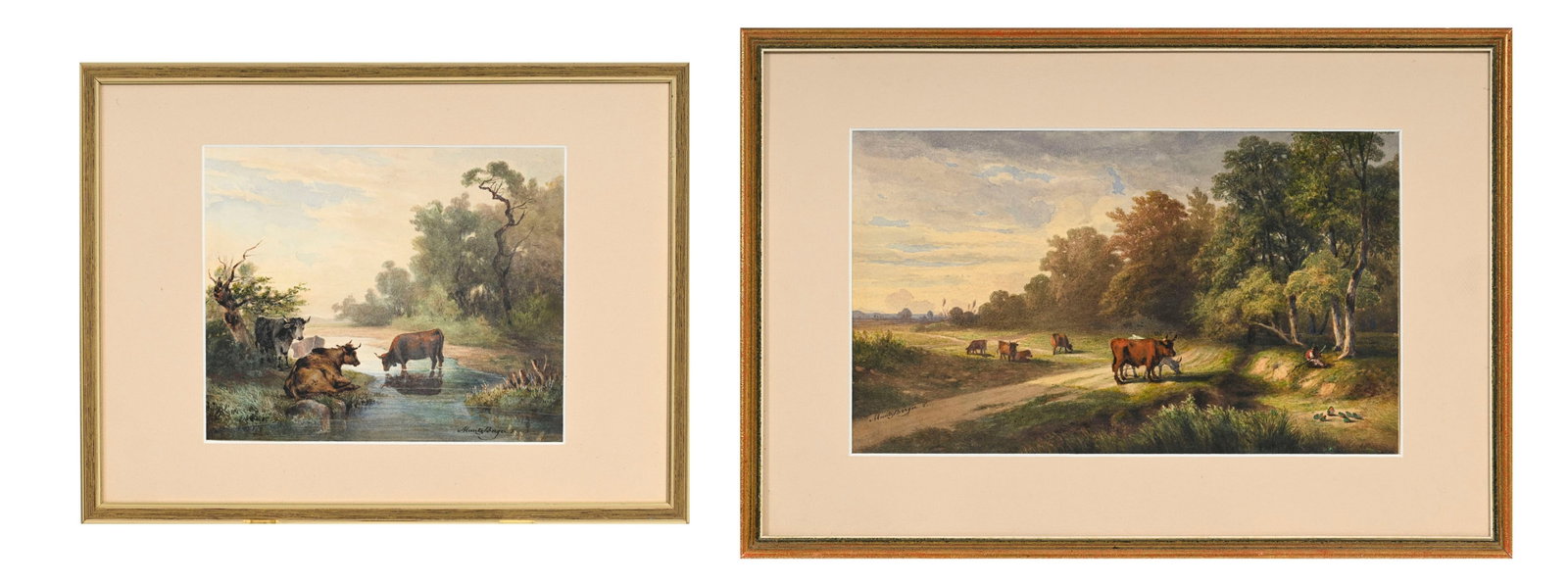 Jean-Baptiste Muntzberger (1794-1878), Trois vaches s'abreuvant et Paysage pastoral animé, 2 aq: Jean-Baptiste Muntzberger (1794-1878), Trois vaches s'abreuvant et Paysage pastoral animé, 2 aquarelles sur papier, signées, 20x24,5 et 23x34 cm (à vue)