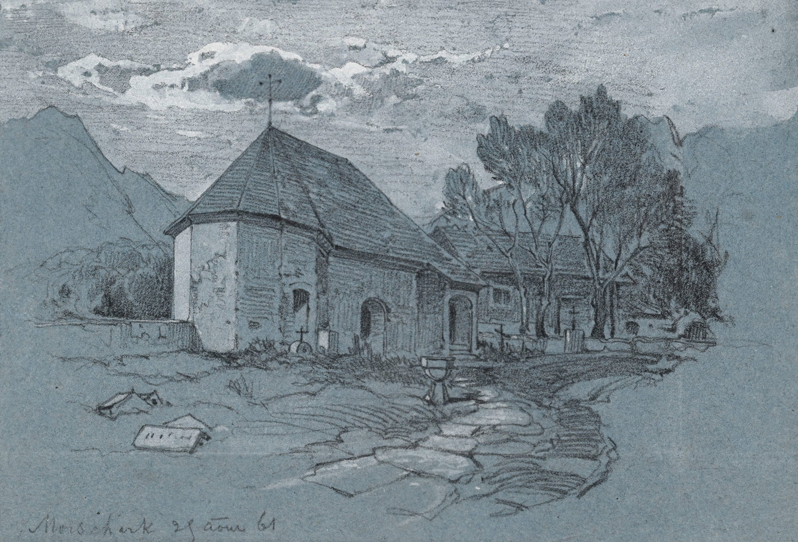 Jean-Baptiste Muntzberger (1794-1878), Paysages, ensemble de 7 œuvres sur papier, monogramm: Jean-Baptiste Muntzberger (1794-1878), Paysages, ensemble de 7 œuvres sur papier, monogrammées, de 21,5x15,5 à 24x31 cm L'église de Morschach, 1861, crayon et rehauts de gouache