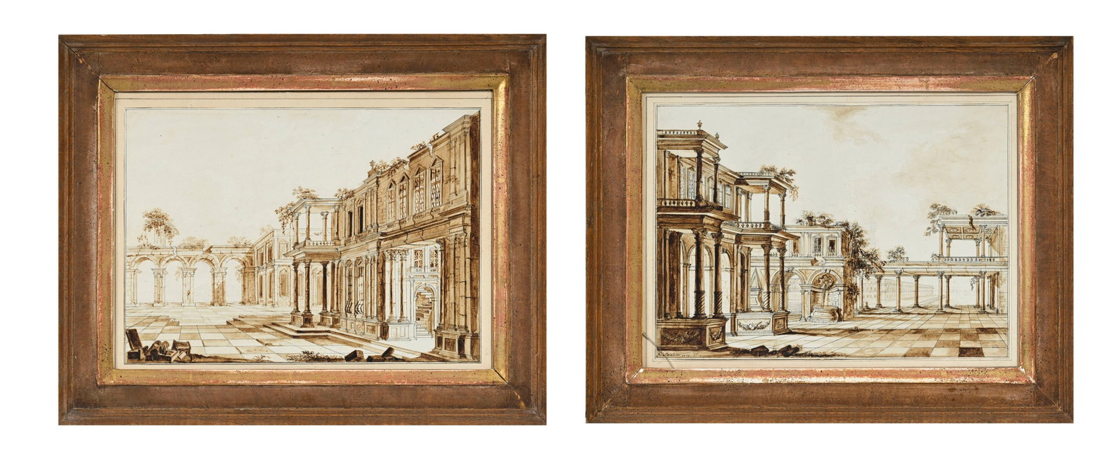 Christian Stöcklin (1741-1795), Cour intérieur, paire de lavis sur papier, un signé e: Christian Stöcklin (1741-1795), Cour intérieur, paire de lavis sur papier, un signé et daté 1770, 22,5x31,5 cm (chaque)