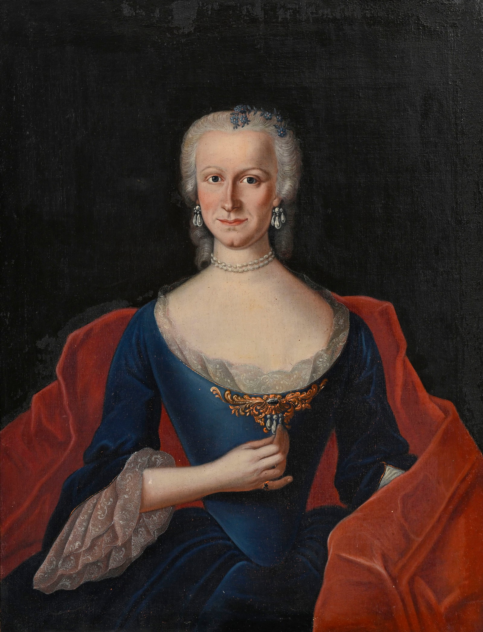 Ecole suisse du XVIIIe, Portrait d'une élégante, huile sur toile, 96,5x73,5 cm Annotation: Ecole suisse du XVIIIe, Portrait d'une élégante, huile sur toile, 96,5x73,5 cm Annotation au verso: "Mme Pacoton [?] en premières noces et Cassal en secondes noces" Condition Traces de