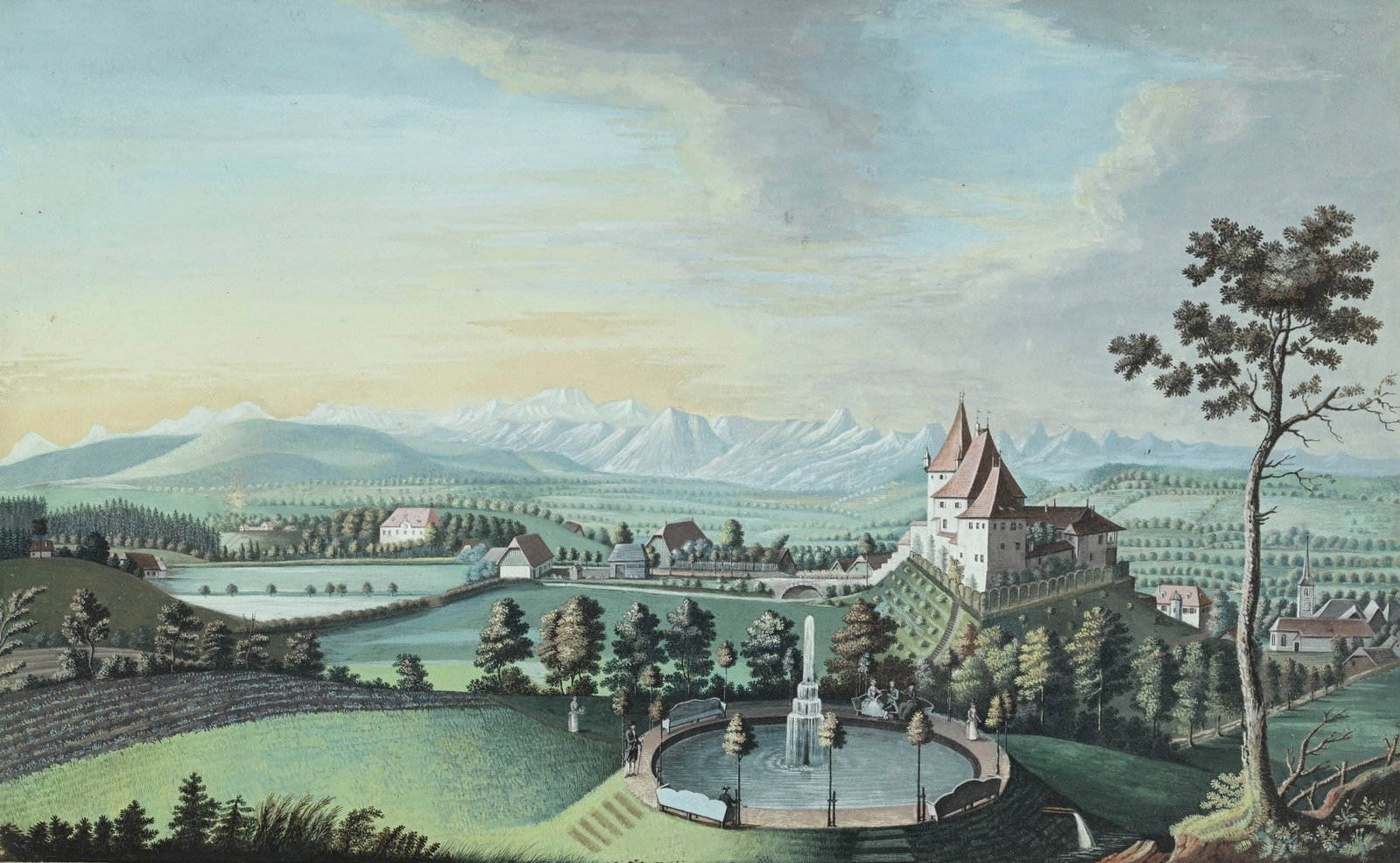Ecole suisse de la fin du XVIIIe s., Vue générale des Alpes et Glacières prise du Ch&: Ecole suisse de la fin du XVIIIe s., Vue générale des Alpes et Glacières prise du Château de Worb, 1794, gouache sur papier contrecollé, signée "Caton, baronne de