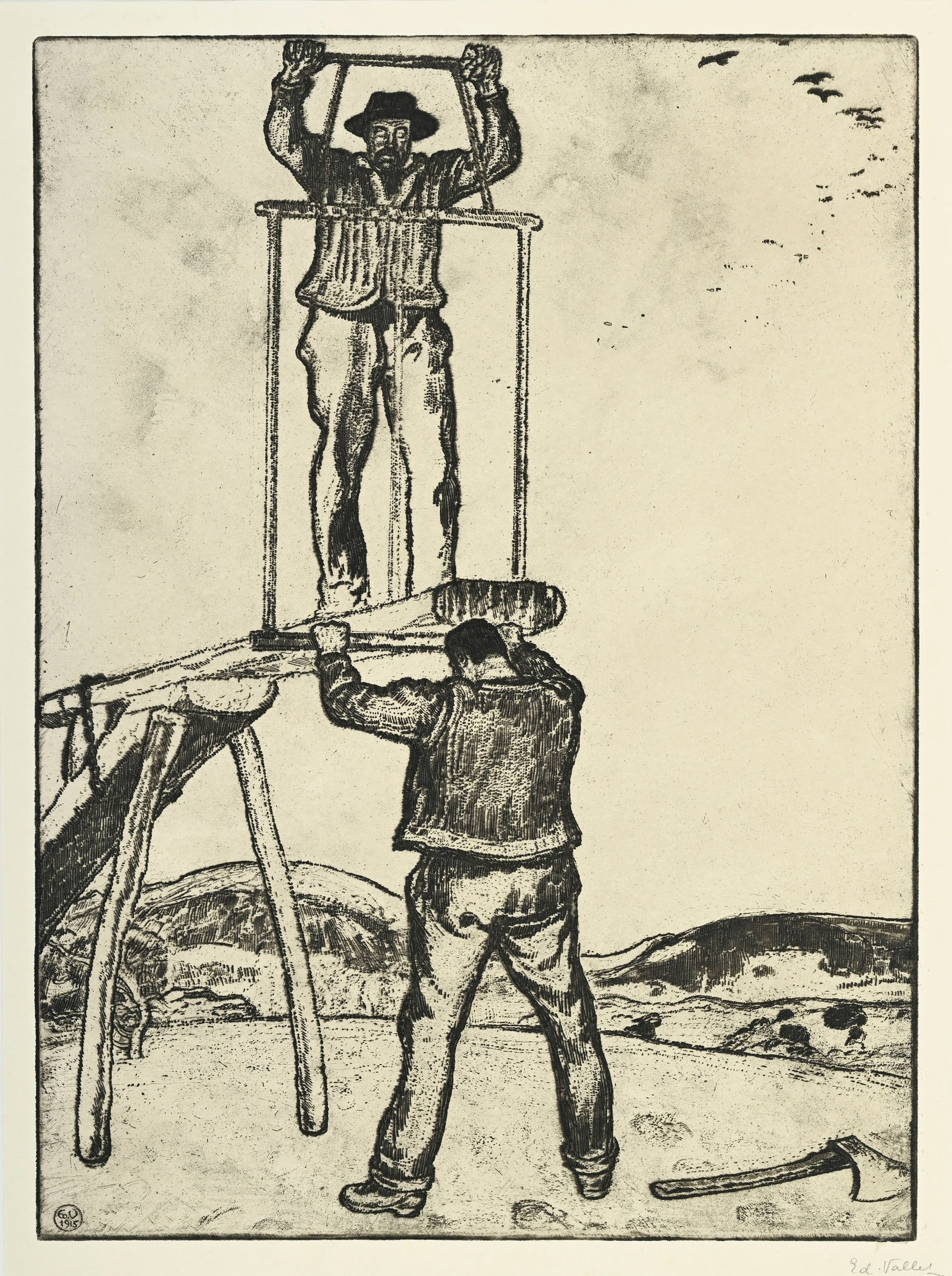 Edouard Vallet (1876-1929), "Les scieurs de long", 1915, eau-forte sur papier, signée au crayon: Edouard Vallet (1876-1929), "Les scieurs de long", 1915, eau-forte sur papier, signée au crayon, tampon dans la plaque avec monogramme et date, 54x39,5 cm Bibliographie: Jean-Charles Giroud,