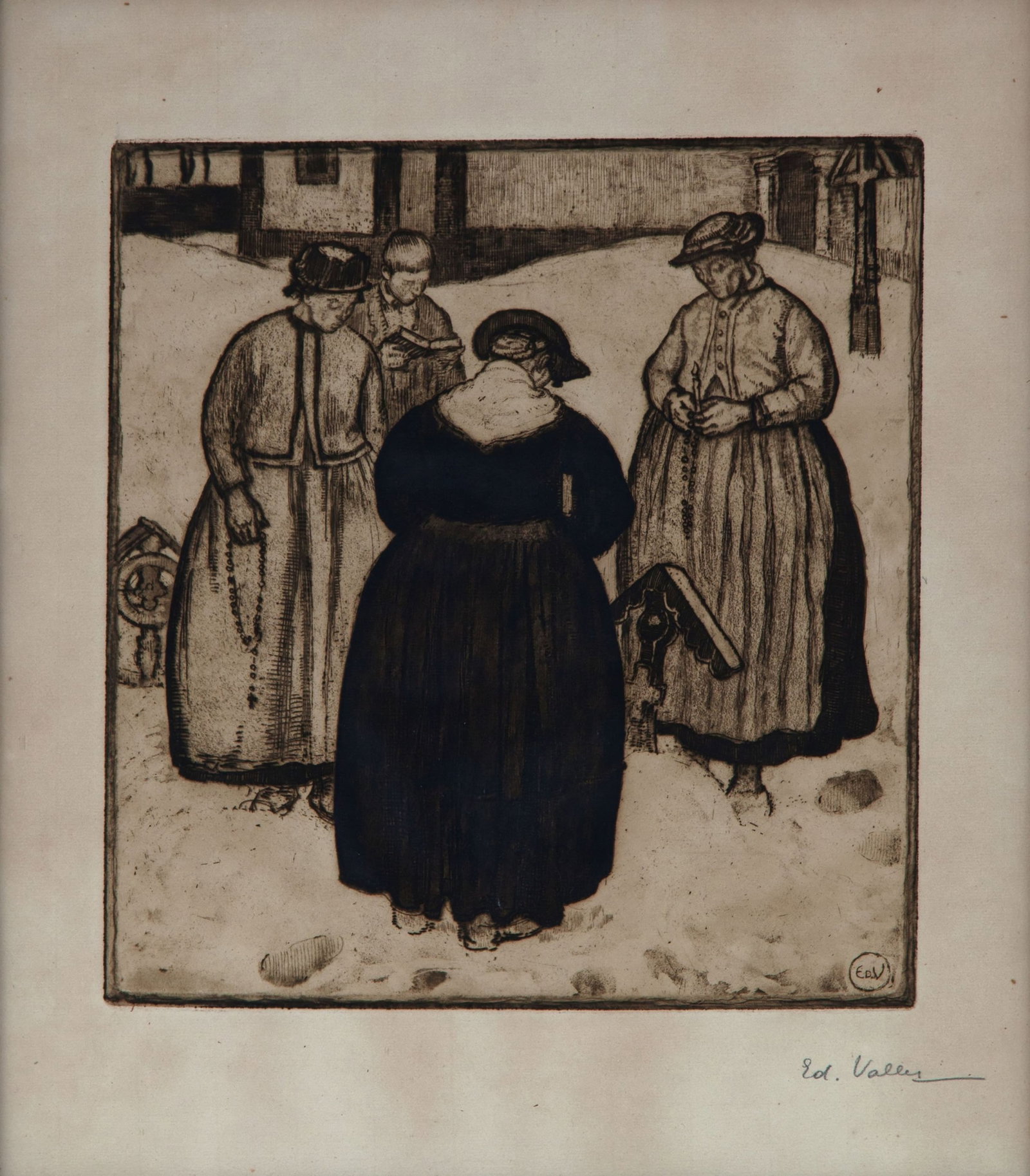 Edouard Vallet (1876-1929), "Autour d'une tombe", eau-forte et aquatinte, monogrammée dans la p: Edouard Vallet (1876-1929), "Autour d'une tombe", eau-forte et aquatinte, monogrammée dans la plaque, signée au crayon, 30,5x28,5 cm
