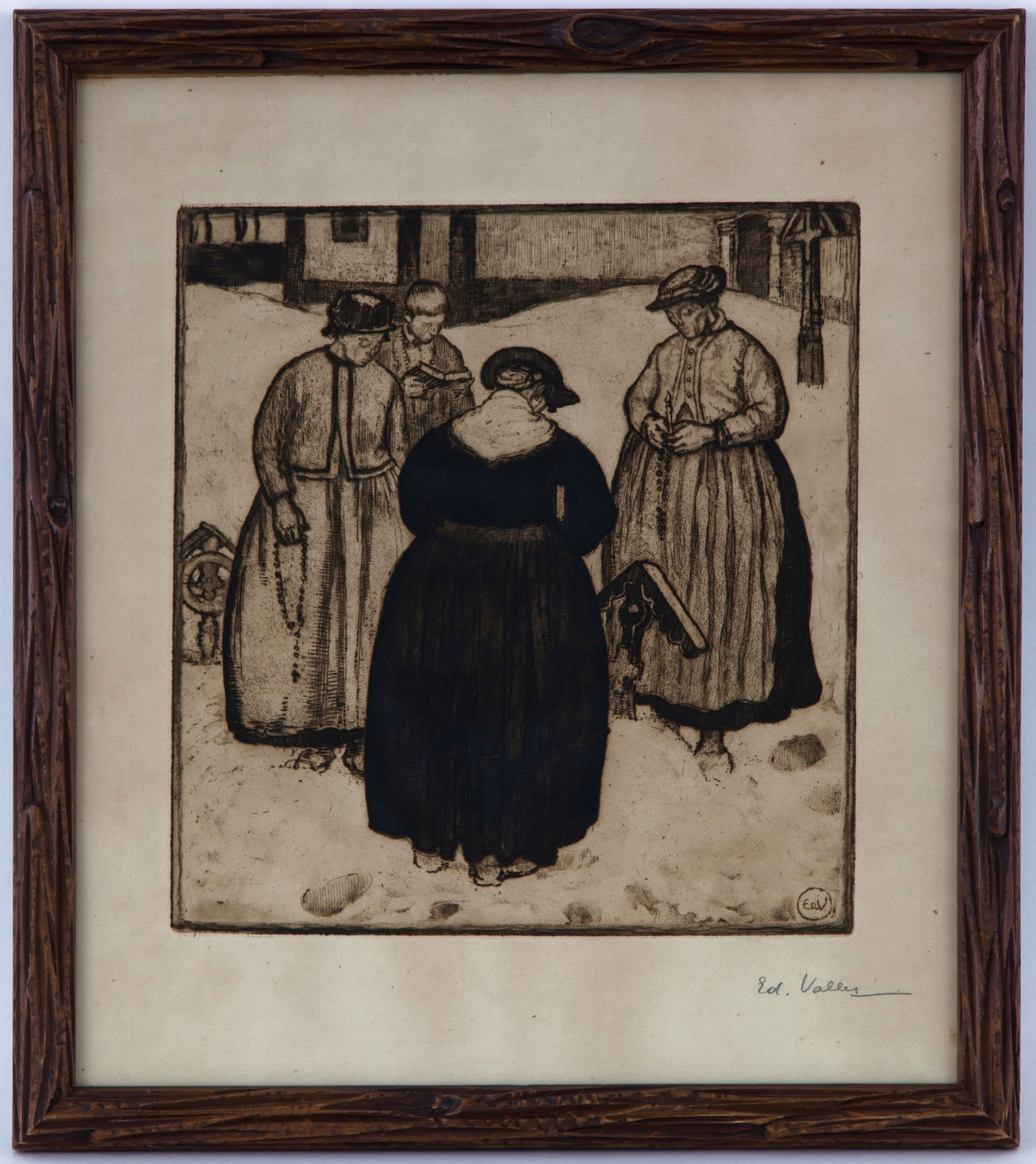 Edouard Vallet (1876-1929), "Autour d'une tombe", eau-forte et aquatinte, monogrammée dans la p - 2