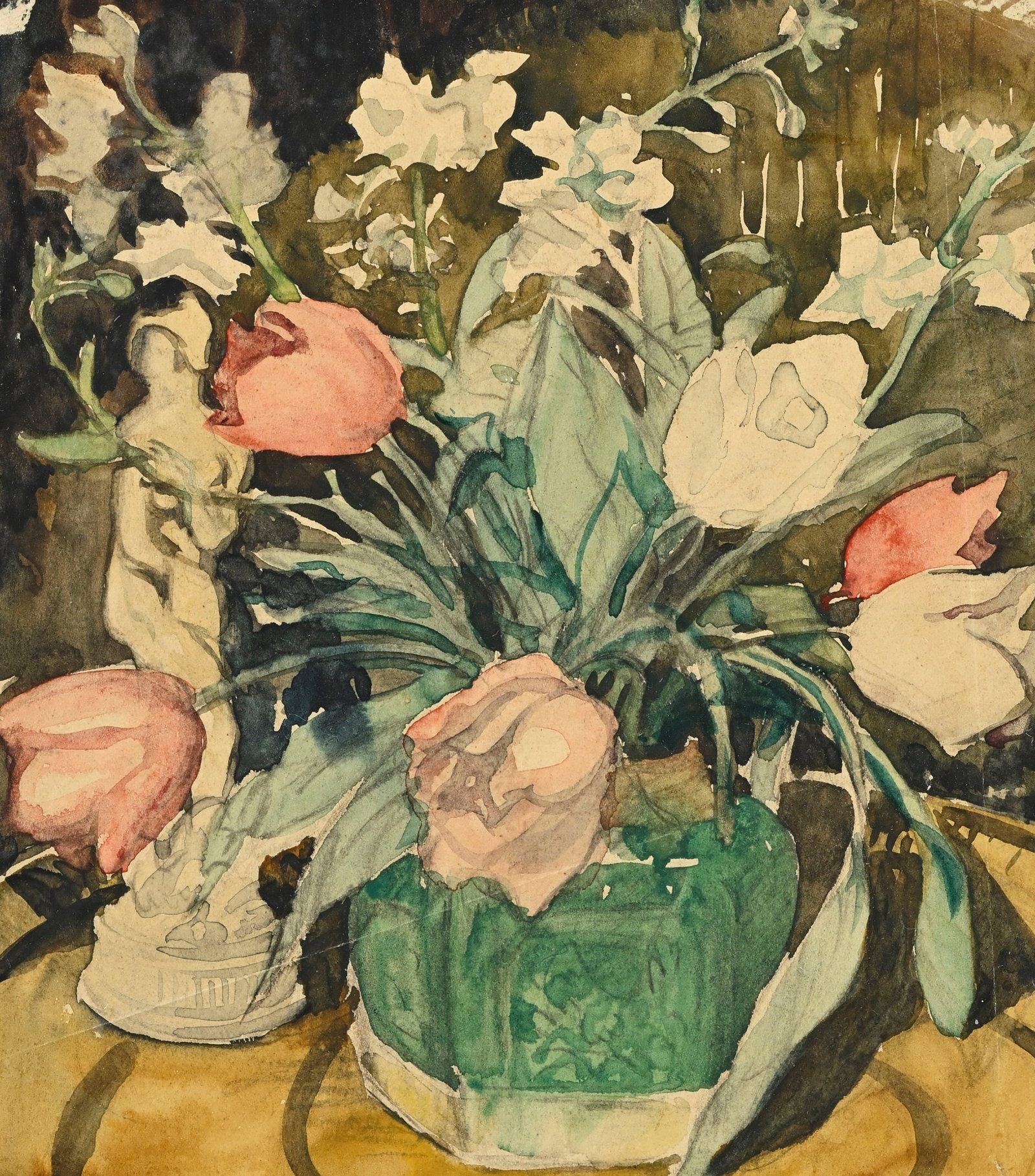 Albert André (1869-1954), Bouquet de fleurs, aquarelle sur papier, signée au verso, 21,5x1: Albert André (1869-1954), Bouquet de fleurs, aquarelle sur papier, signée au verso, 21,5x18 cm Condition Marques de plis (voir photos) et petites déchirures du papier dans les an