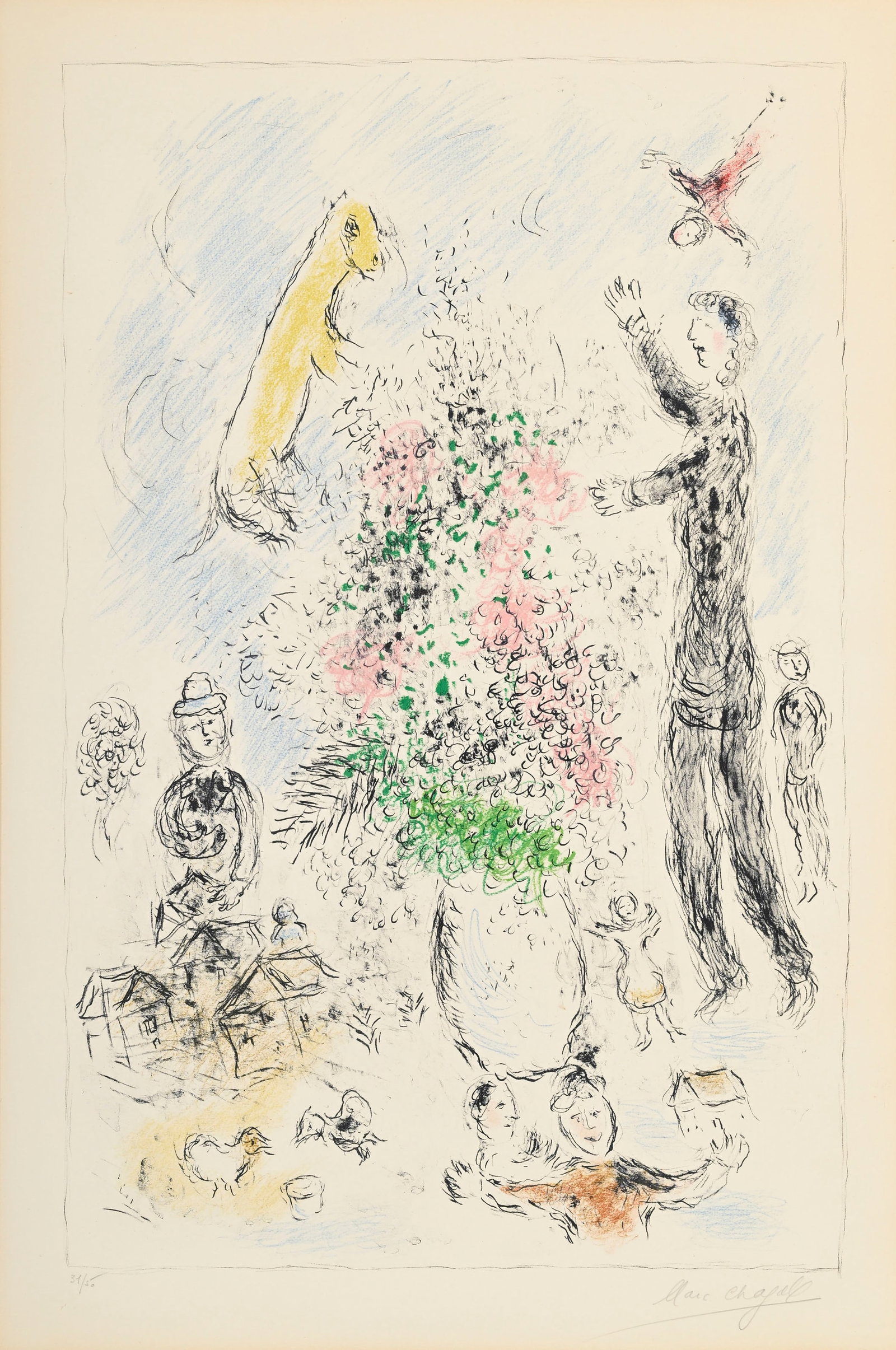 Marc Chagall (1887-1985), "Les Lilas", 1980, lithographie en couleurs sur Velin d'Arches, signé: Marc Chagall (1887-1985), "Les Lilas", 1980, lithographie en couleurs sur Velin d'Arches, signée et numérotée 31/50 au crayon, 92x59,5 cm Bibliographie: Charles Sorlier, Chagall