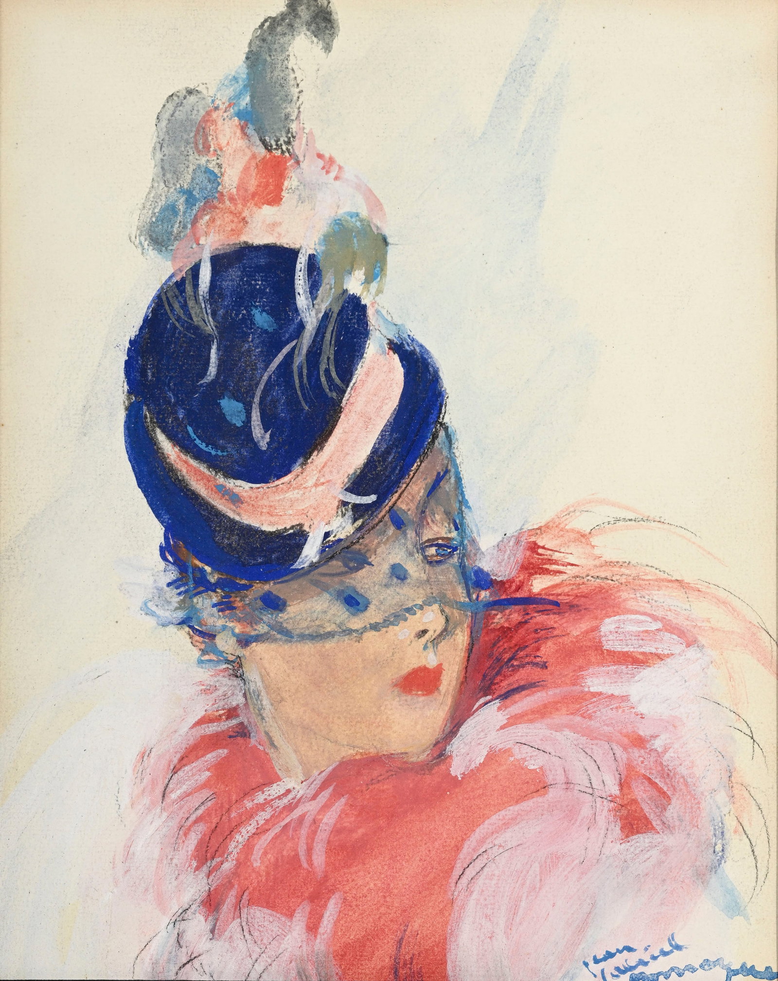 Jean Gabriel Domergue (1889-1962), Portrait d'élégante au chapeau et à la voilette, a: Jean Gabriel Domergue (1889-1962), Portrait d'élégante au chapeau et à la voilette, aquarelle, gouache et crayon sur papier, signée, 26x20,5 cm (à vue) Provenance: Sotheby's,