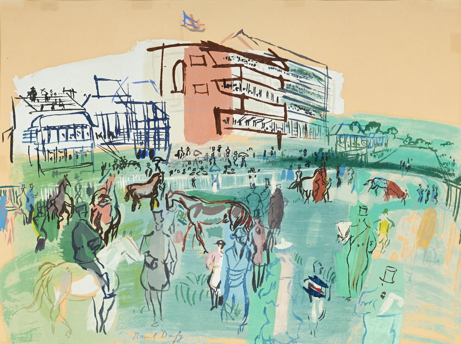 Raoul Dufy (1877-1953), d'après, "Longchamp", lithographie réhaussée, signée, 43: Raoul Dufy (1877-1953), d'après, "Longchamp", lithographie réhaussée, signée, 43x58 cm (à vue)