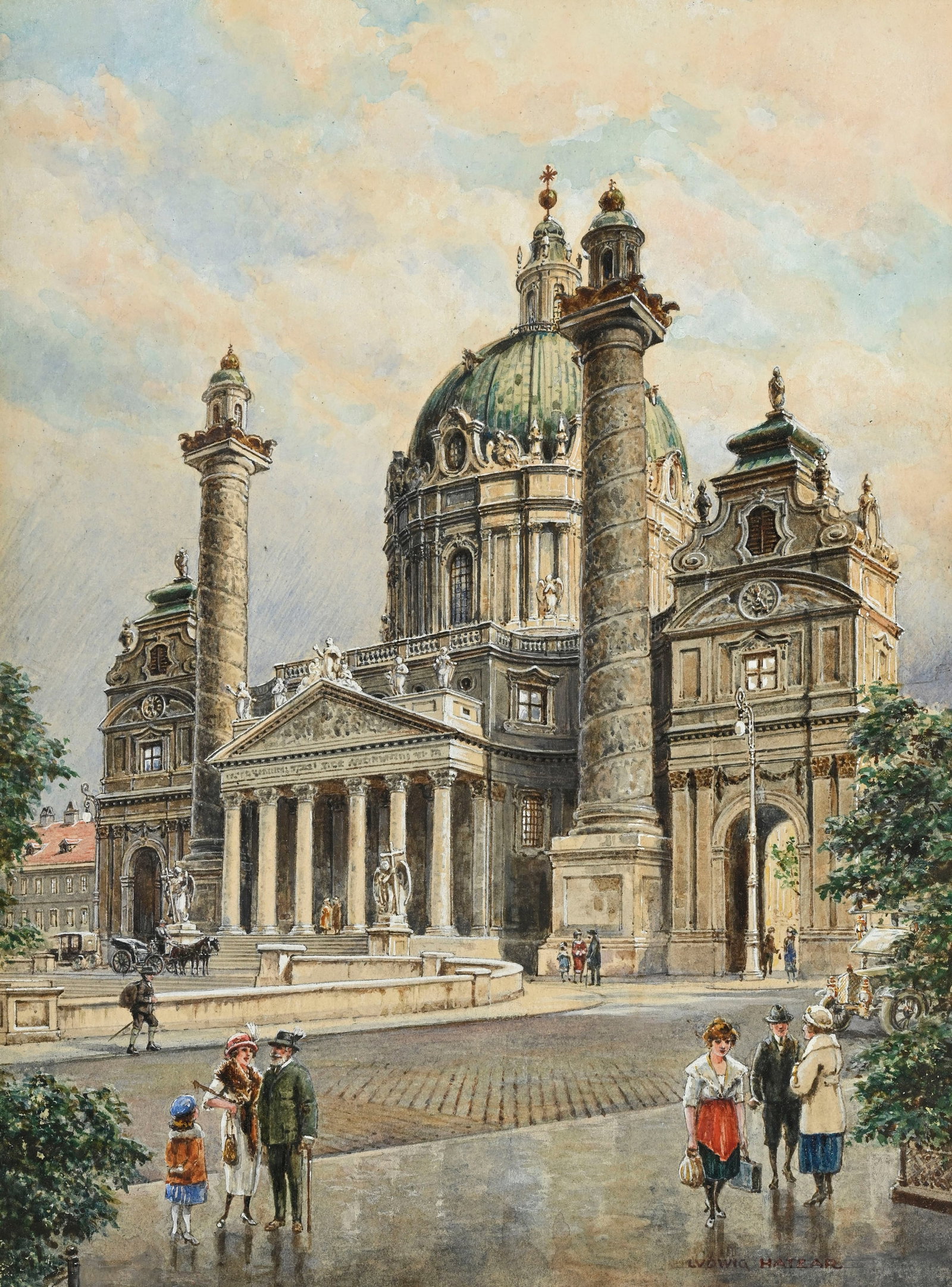 Ludwig Hatzar (XIX-XX), Vue de l'Eglise Saint-Charles-Borromée \[Vienne\], aquarelle et rehauts (1 of 6)