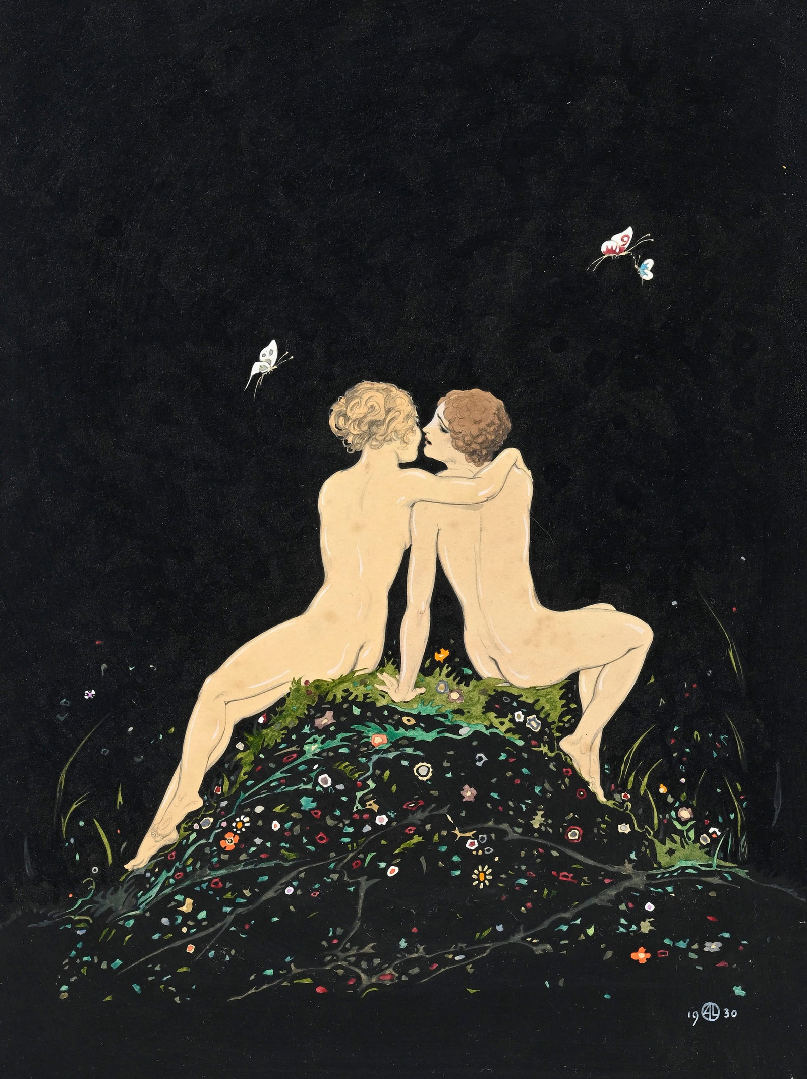 André Lambert (1884-1967), "Jeunes femmes enlacées, de dos sur des fleurs", 1930, gouache : André Lambert (1884-1967), "Jeunes femmes enlacées, de dos sur des fleurs", 1930, gouache et encre de Chine sur carton, monogrammée et datée, 24x18 cm Provenance: Collection