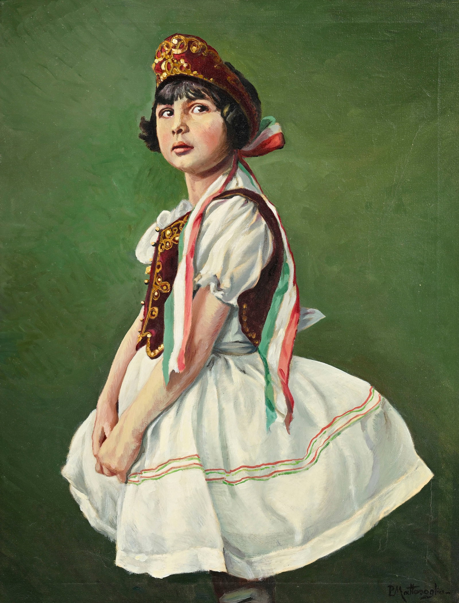 P. Mattasoglio (XX), Portrait d'une jeune fille en costume traditionnel, huile sur toile, signé: P. Mattasoglio (XX), Portrait d'une jeune fille en costume traditionnel, huile sur toile, signée, 82,5x63,5 cm