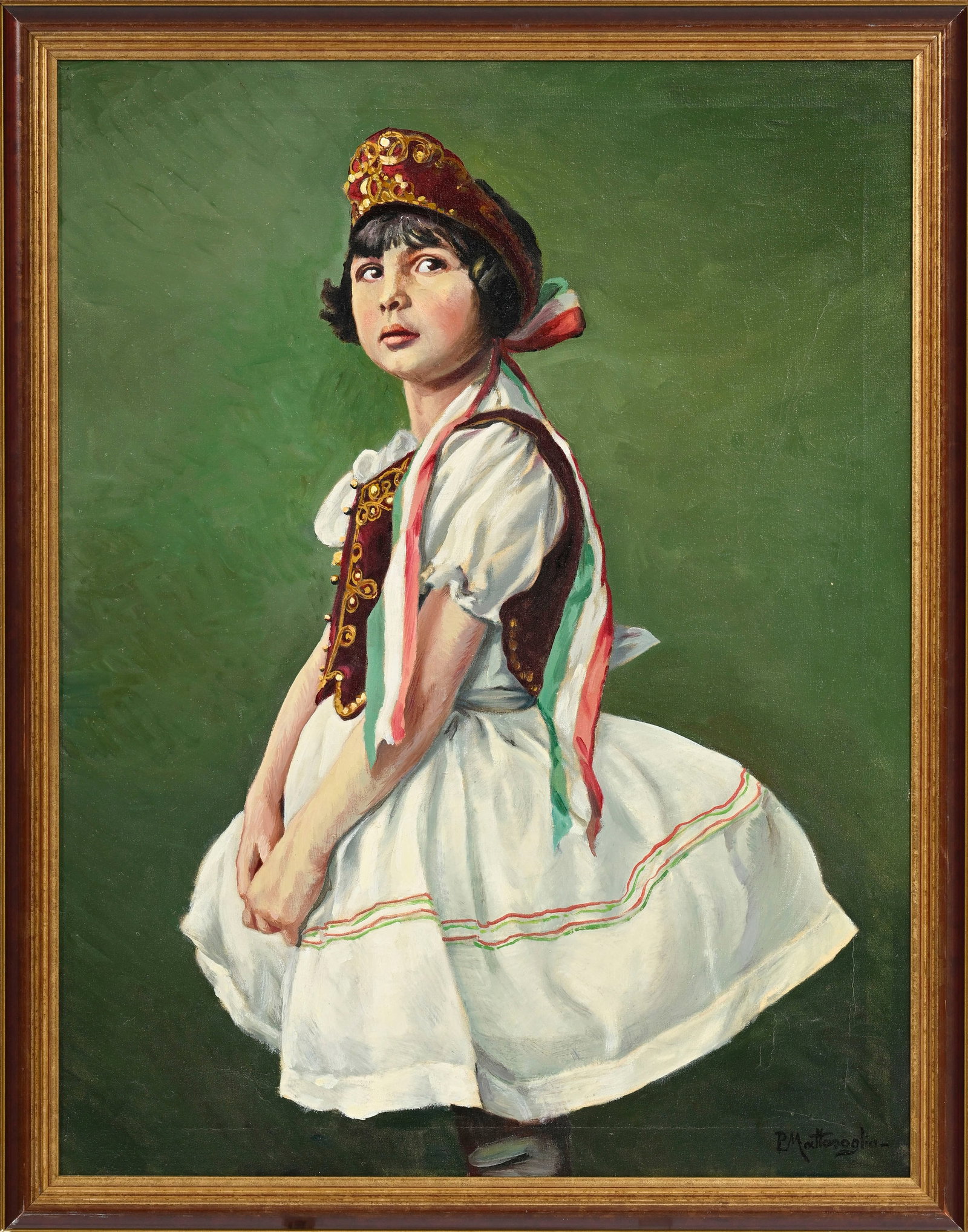 P. Mattasoglio (XX), Portrait d'une jeune fille en costume traditionnel, huile sur toile, signé - 2