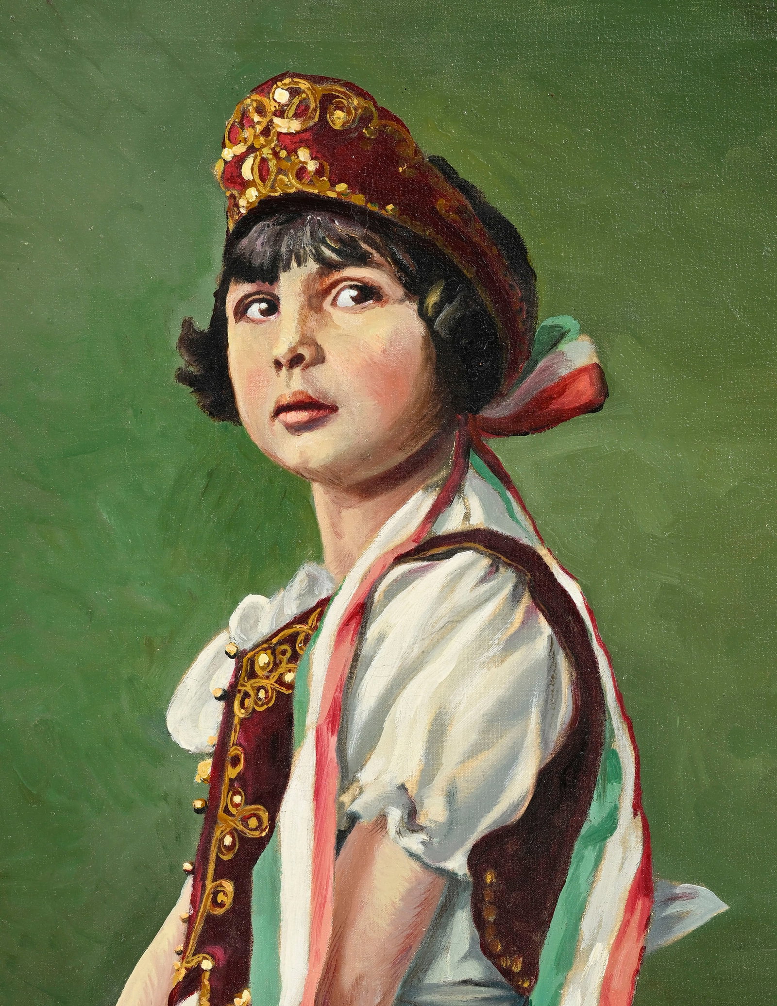 P. Mattasoglio (XX), Portrait d'une jeune fille en costume traditionnel, huile sur toile, signé - 3