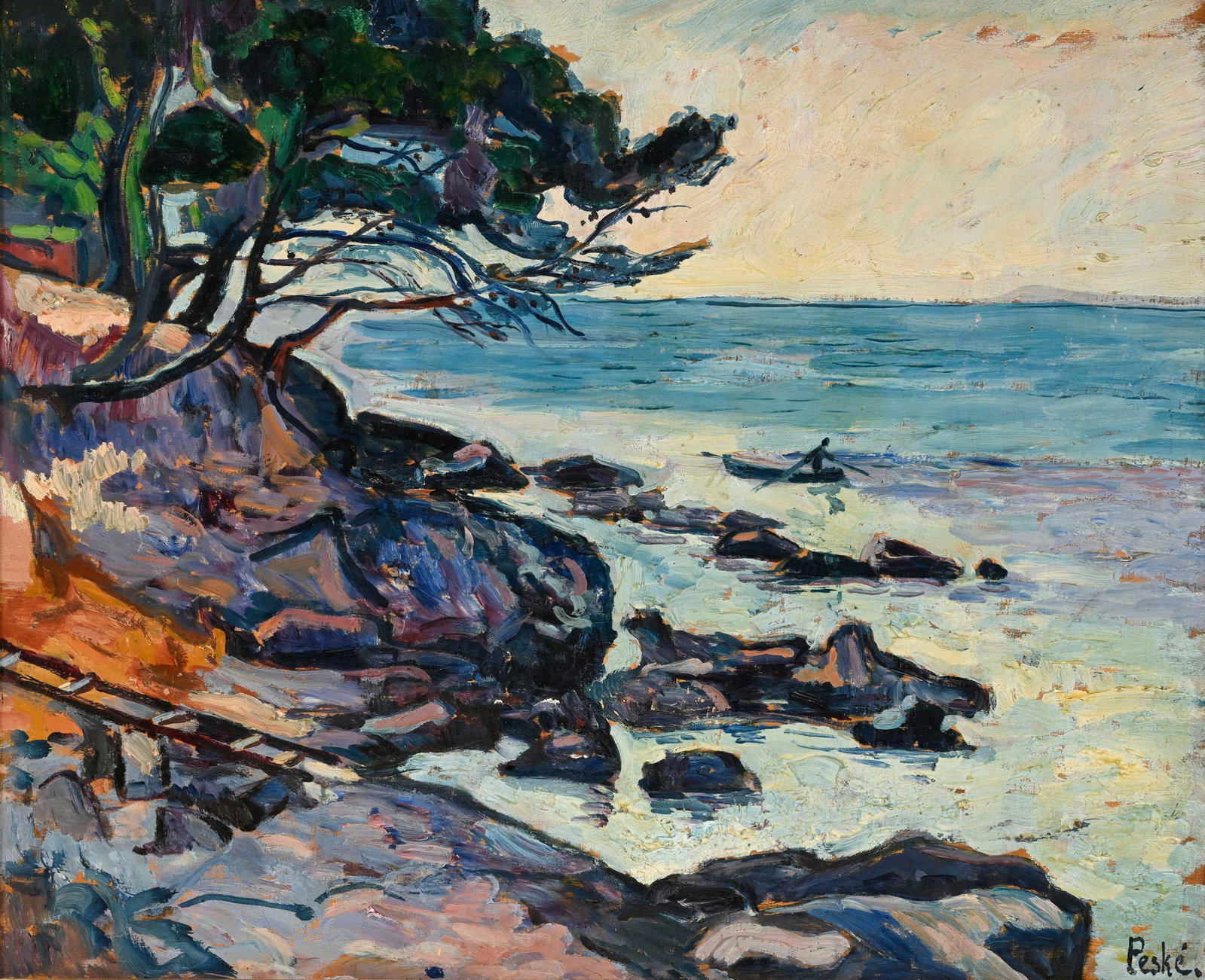 Jean Peské (1870-1949), "La pointe de Gouron", huile sur panneau, signée, 39x46 cm P: Jean Peské (1870-1949), "La pointe de Gouron", huile sur panneau, signée, 39x46 cm Provenance: Galerie Ut Pictura, Sabonnères, 2005 Au verso: Étiquette de l'exposition Jean