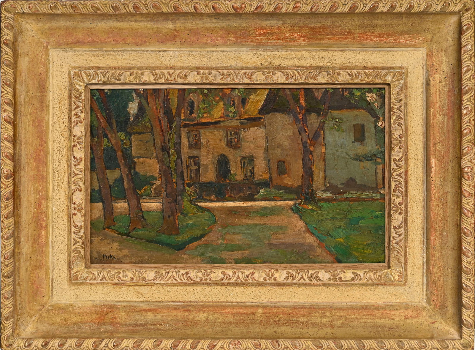 Jean Peské (1870-1949), "Manoir derrière les arbres", huile sur panneau, signée, 20,5 - 2