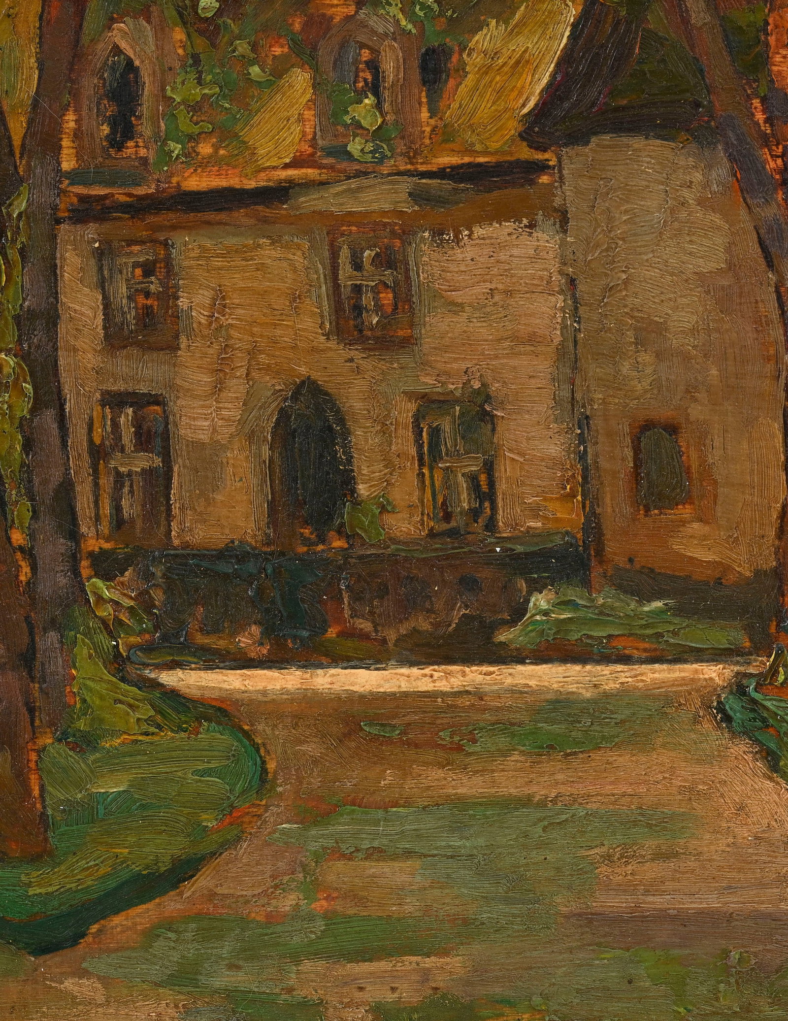Jean Peské (1870-1949), "Manoir derrière les arbres", huile sur panneau, signée, 20,5 - 3