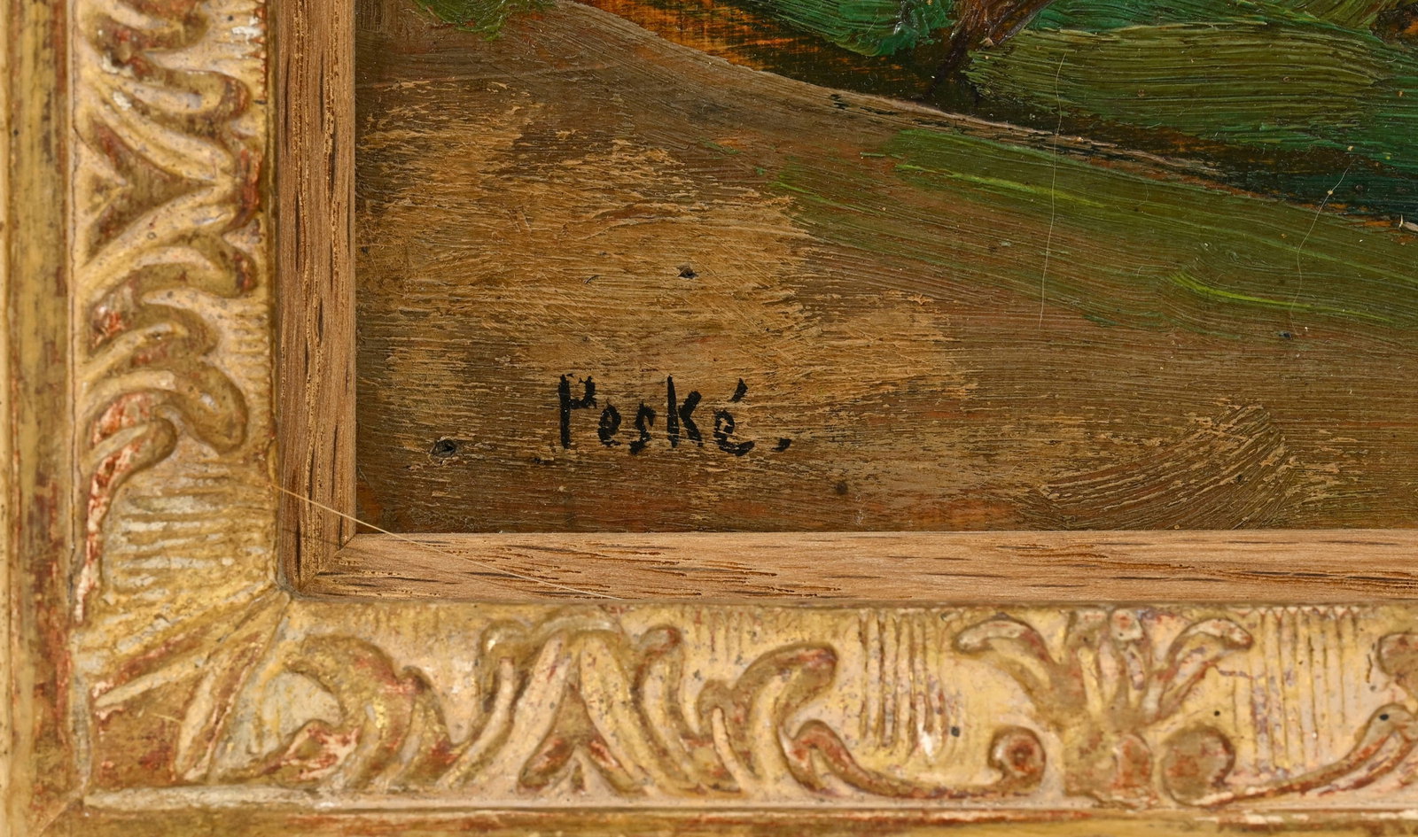 Jean Peské (1870-1949), "Manoir derrière les arbres", huile sur panneau, signée, 20,5 - 4