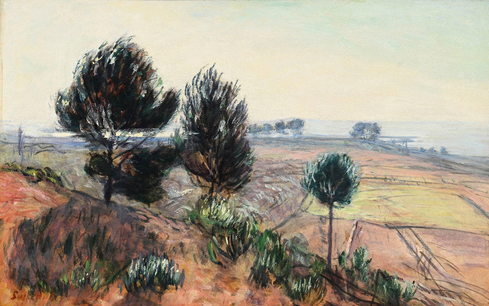René Seyssaud (1867-1952), "Les Pins du Palous", technique mixte sur carton, signée, 39x60: René Seyssaud (1867-1952), "Les Pins du Palous", technique mixte sur carton, signée, 39x60,5 cm Au verso: Annotations; étiquette de la Société des artistes indépendants,