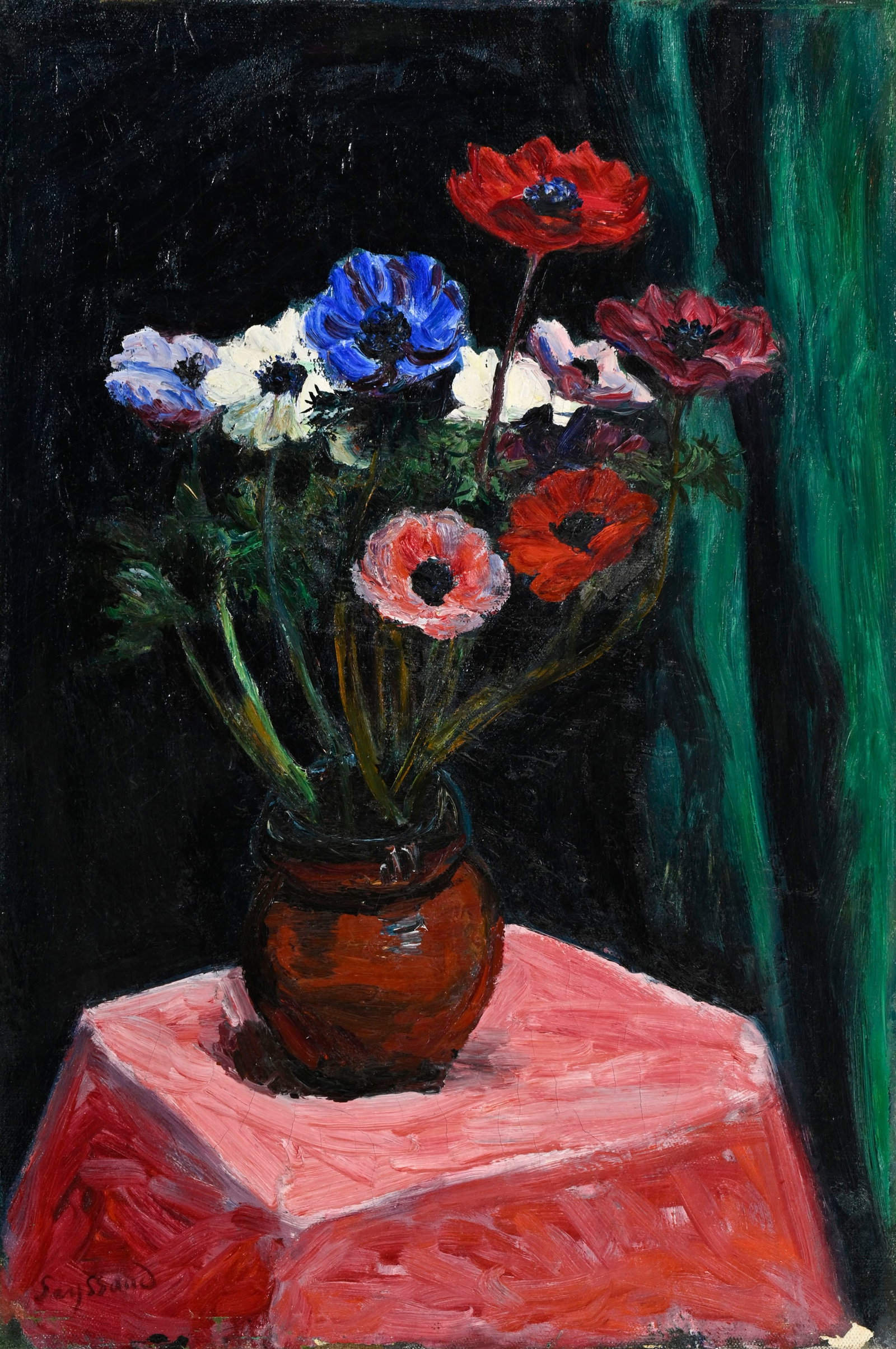 René Seyssaud (1867-1952), Bouquet d'anémones, huile sur toile, signée, 82x54,5 cm P: René Seyssaud (1867-1952), Bouquet d'anémones, huile sur toile, signée, 82x54,5 cm Provenance: Artcurial, Paris, 06.07.2010, lot no. 80 Condition Craquelures Manques