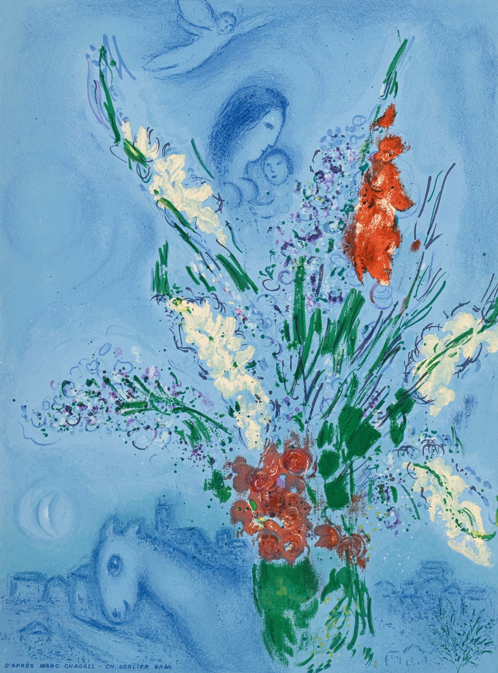 Marc Chagall (1887-1985), "Les glaïeuls", 1965, lithographie en couleurs, gravée par Ch. S: Marc Chagall (1887-1985), "Les glaïeuls", 1965, lithographie en couleurs, gravée par Ch. Sorlier, 33x25 cm Bibliographie: Charles Sorlier, Chagall lithographe, 1974-1979, 1984, éd. Andr