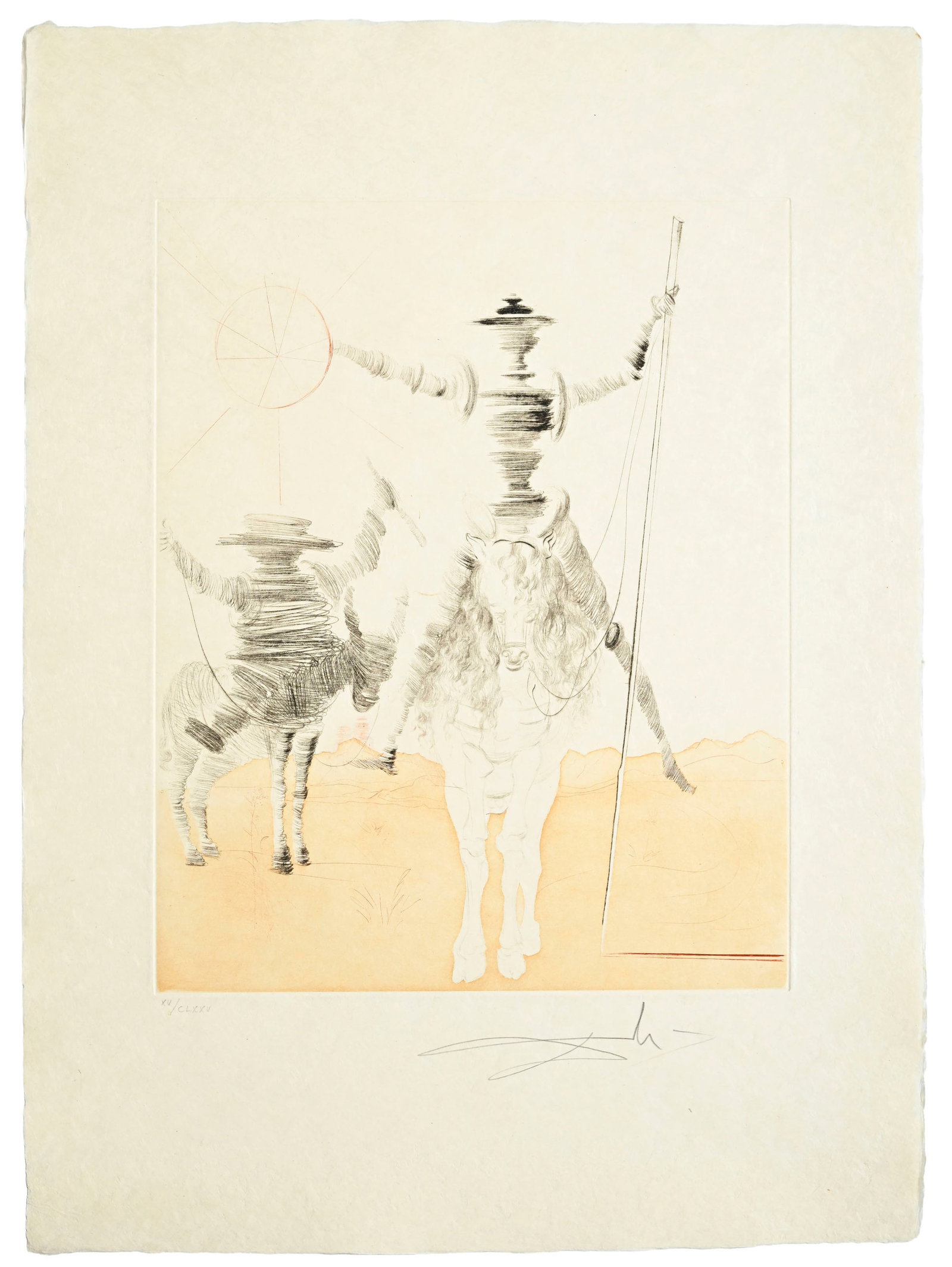 Salvador Dali (1904-1989), "Don Quichotte et Sancho Pança", 1980, pointe-sèche en couleurs: Salvador Dali (1904-1989), "Don Quichotte et Sancho Pança", 1980, pointe-sèche en couleurs sur papier Japon nacré, signée et numérotée XV/CLXXXV, 75x55 cm Bibliographie: