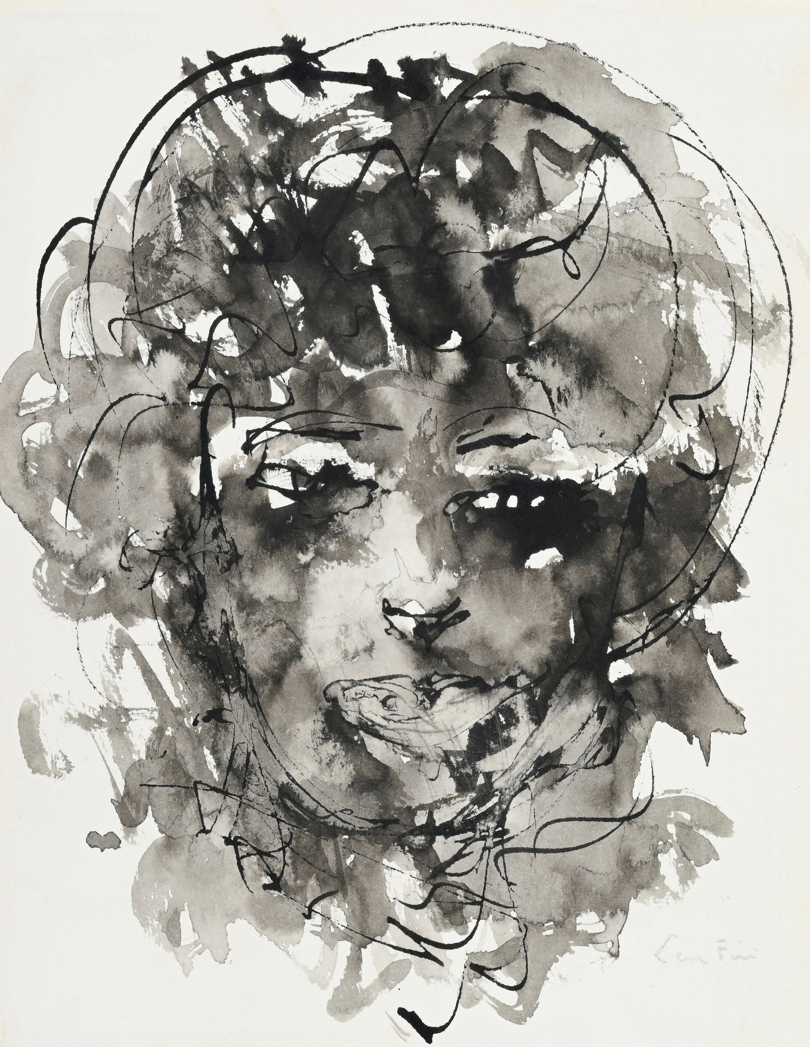 Leonor Fini (1907-1996), Visage, lavis d'encre de Chine sur papier, signé, 25x19,5 cm (à v: Leonor Fini (1907-1996), Visage, lavis d'encre de Chine sur papier, signé, 25x19,5 cm (à vue)