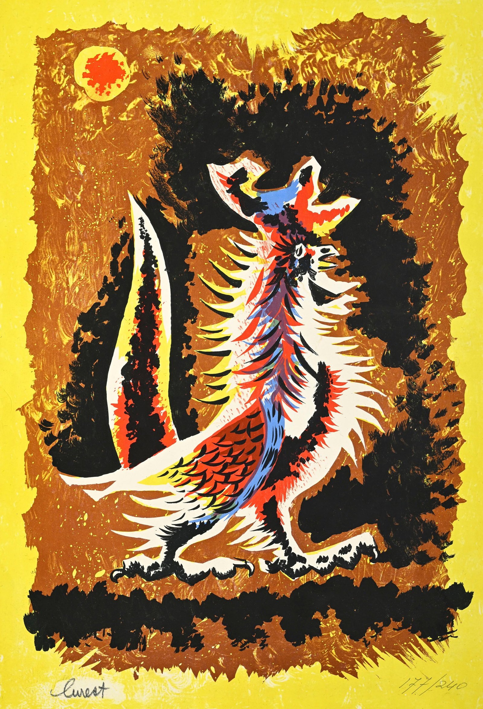 Jean Lurçat (1892-1966), "Le coq", lithographie couleurs, signée et numérotée 17: Jean Lurçat (1892-1966), "Le coq", lithographie couleurs, signée et numérotée 177/240 au crayon, 56x38 cm