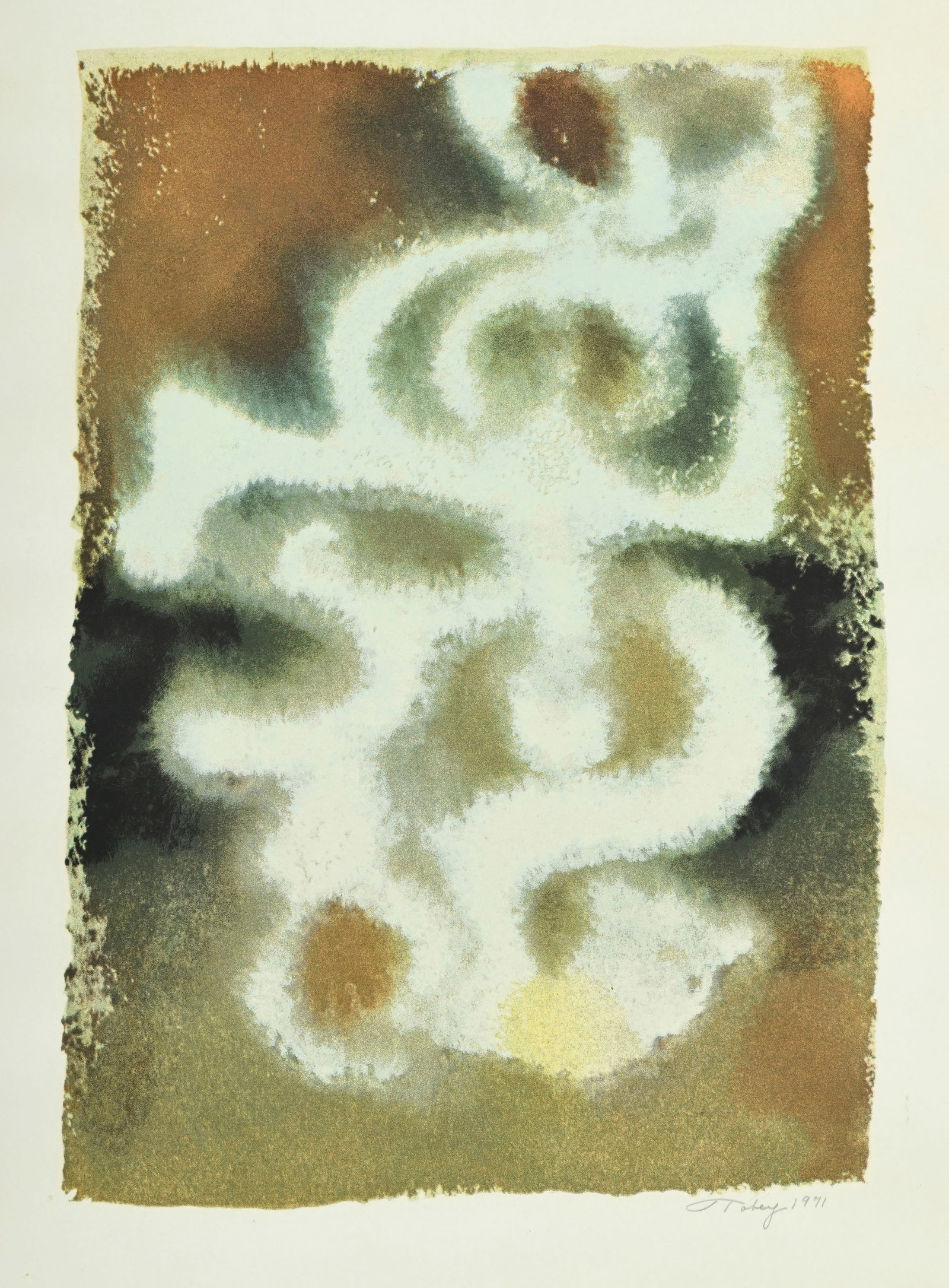 Mark Tobey (1890-1976), d'après, Sans titre, 1971, lithographie en couleurs, signée et dat: Mark Tobey (1890-1976), d'après, Sans titre, 1971, lithographie en couleurs, signée et datée au crayon, 49,5x35,5 cm