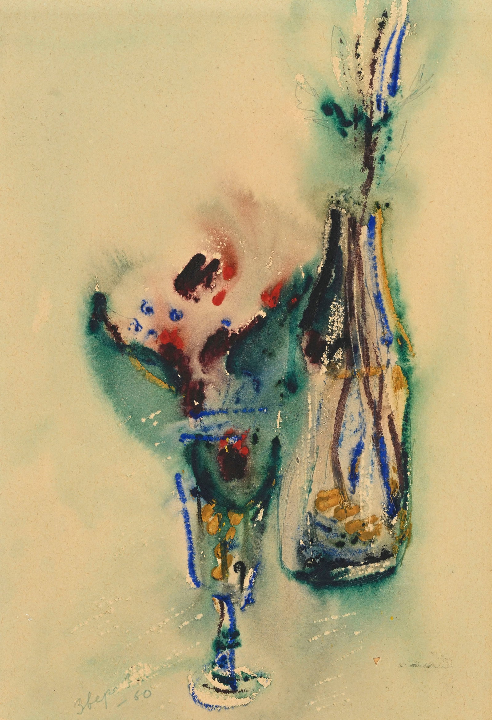 Anatolij Timofeevic Zverev (1931-1986), "Bouteille au verre", 1960, aquarelle et gouache sur papier,: Anatolij Timofeevic Zverev (1931-1986), "Bouteille au verre", 1960, aquarelle et gouache sur papier, signée et datée, 41x28 cm (à vue) Provenance: Collection Igor Markevitch; Galerie