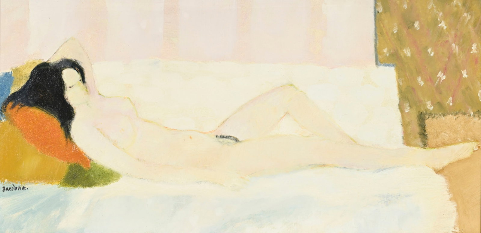 Guy Bardone (1927-2015), "Le repos de Joelle", 1978-1980, huile sur toile, signée, contresign&#: Guy Bardone (1927-2015), "Le repos de Joelle", 1978-1980, huile sur toile, signée, contresignée, datée et titrée au verso, 35,5x70,5 cm Provenance: Galerie des Chaudronniers,