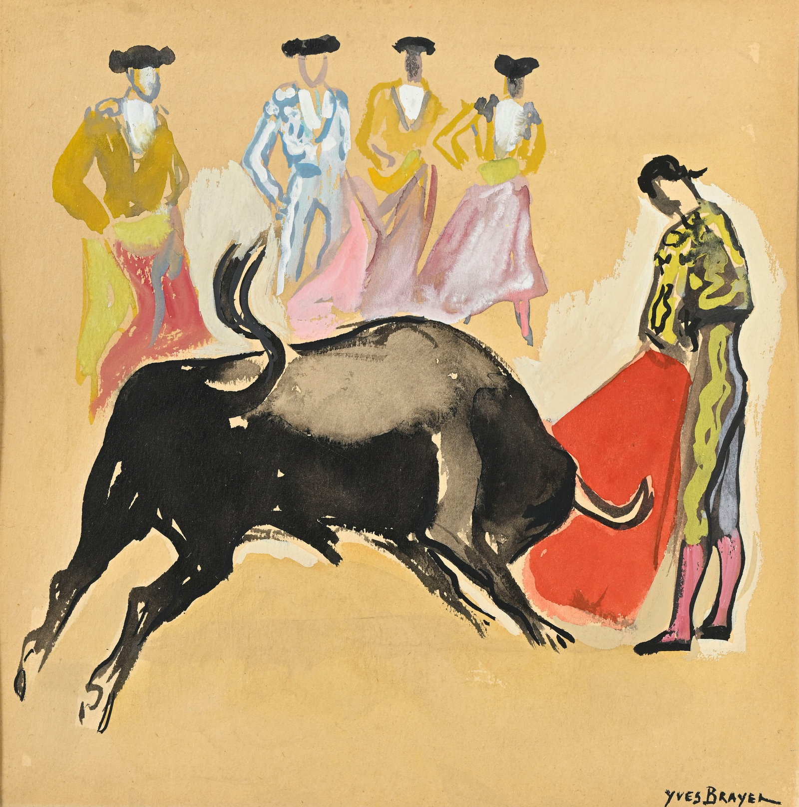 Yves Brayer (1907-1990), Les toréadors, aquarelle, encre de Chine et gouache sur papier, sign&#: Yves Brayer (1907-1990), Les toréadors, aquarelle, encre de Chine et gouache sur papier, signée, 20,5x20 cm (à vue) Au verso: Étiquette de la Galerie J. Le Chapelin, Paris